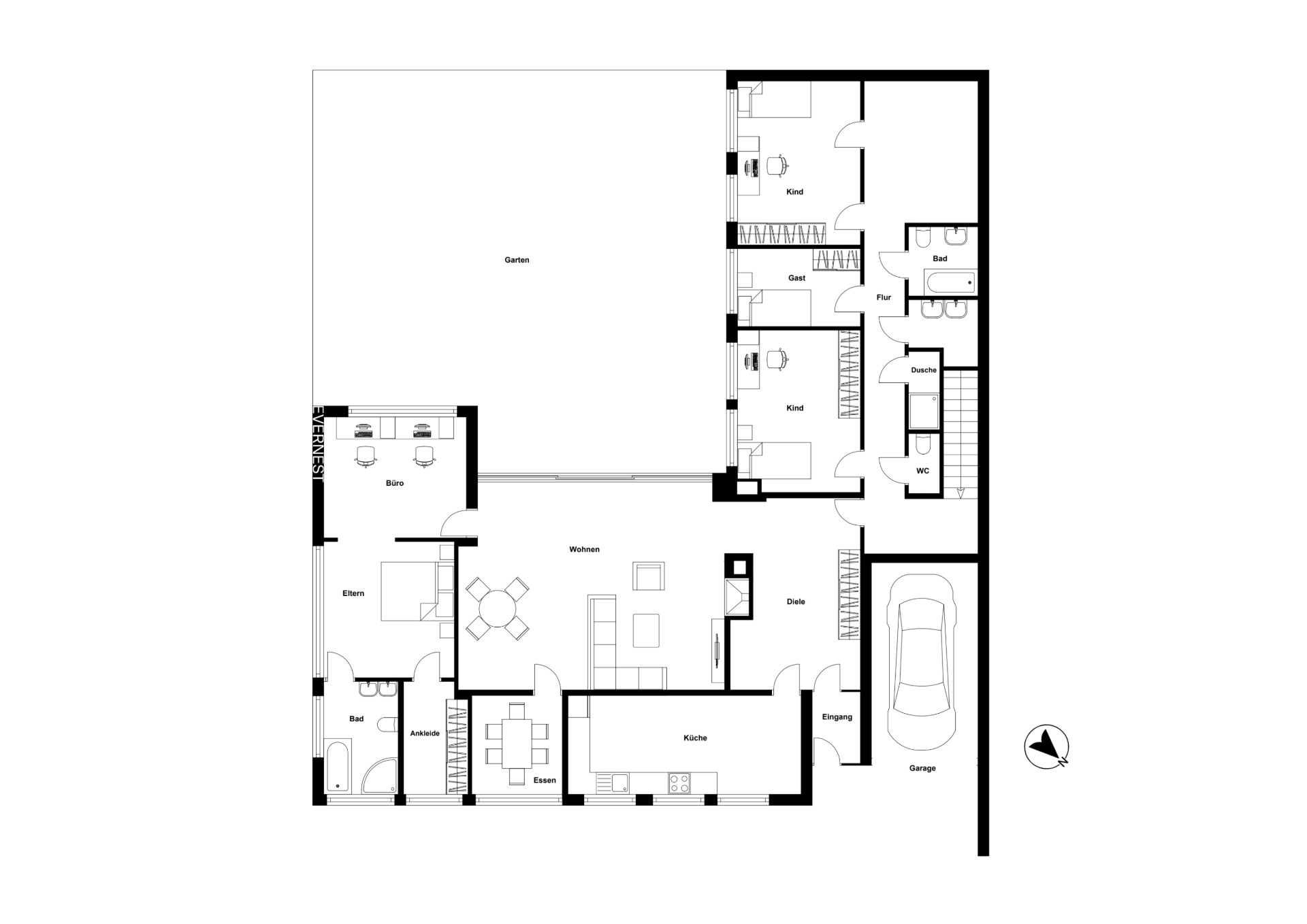 Grundriss eines Wohnhauses mit Garten, Garage, mehreren Zimmern und Bädern.