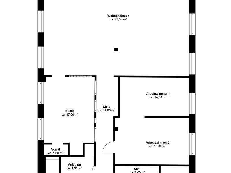 Grundriss mit Wohn-/Essbereich, Küche, zwei Arbeitszimmern und Vorratsraum.