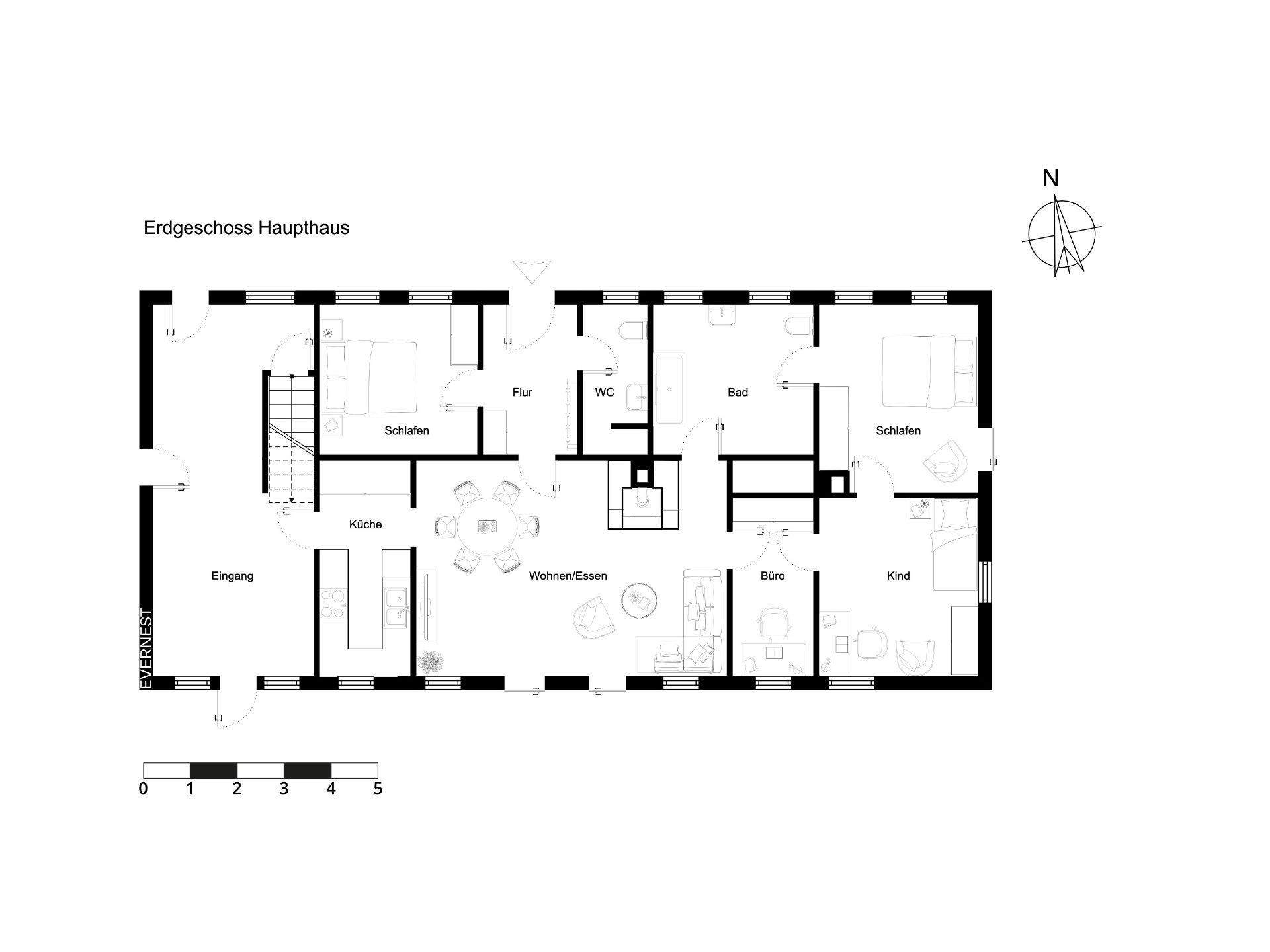 Grundriss des Erdgeschosses mit Küche, Wohnzimmer, Schlafzimmern, Büro, Bad und Flur.