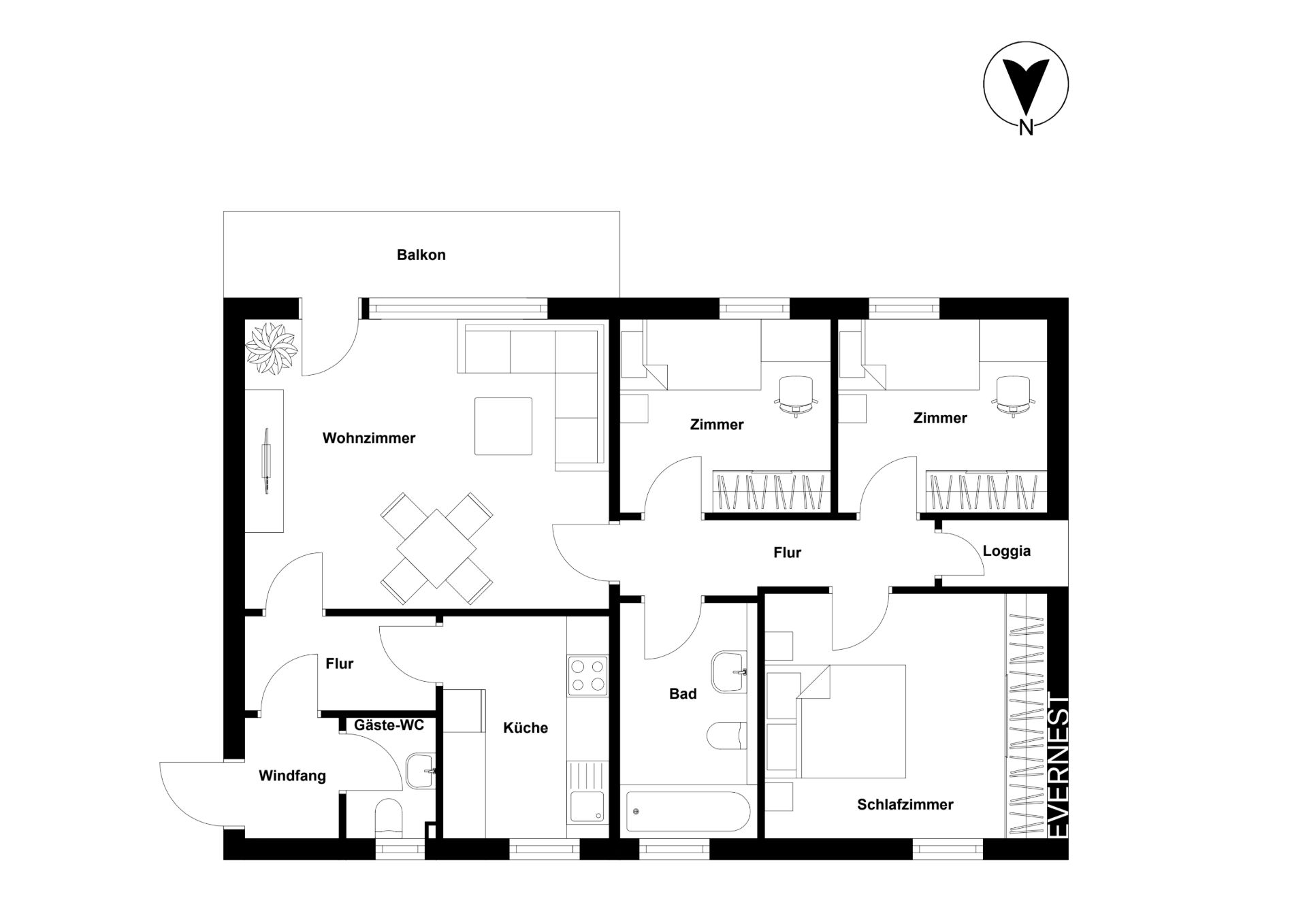 Grundriss einer Wohnung mit Wohnzimmer, Schlafzimmer, Küche, Bad, Gäste-WC, zwei Zimmern und Balkon.