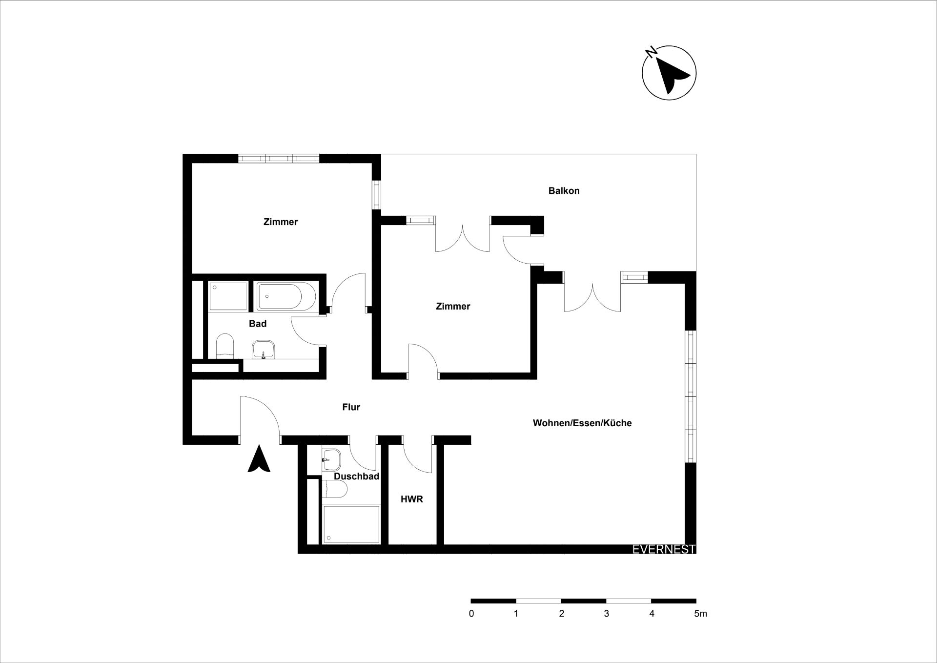 Grundriss einer Wohnung mit zwei Zimmern, zwei Bädern, Flur, Hauswirtschaftsraum, Balkon und offenem Wohnbereich.