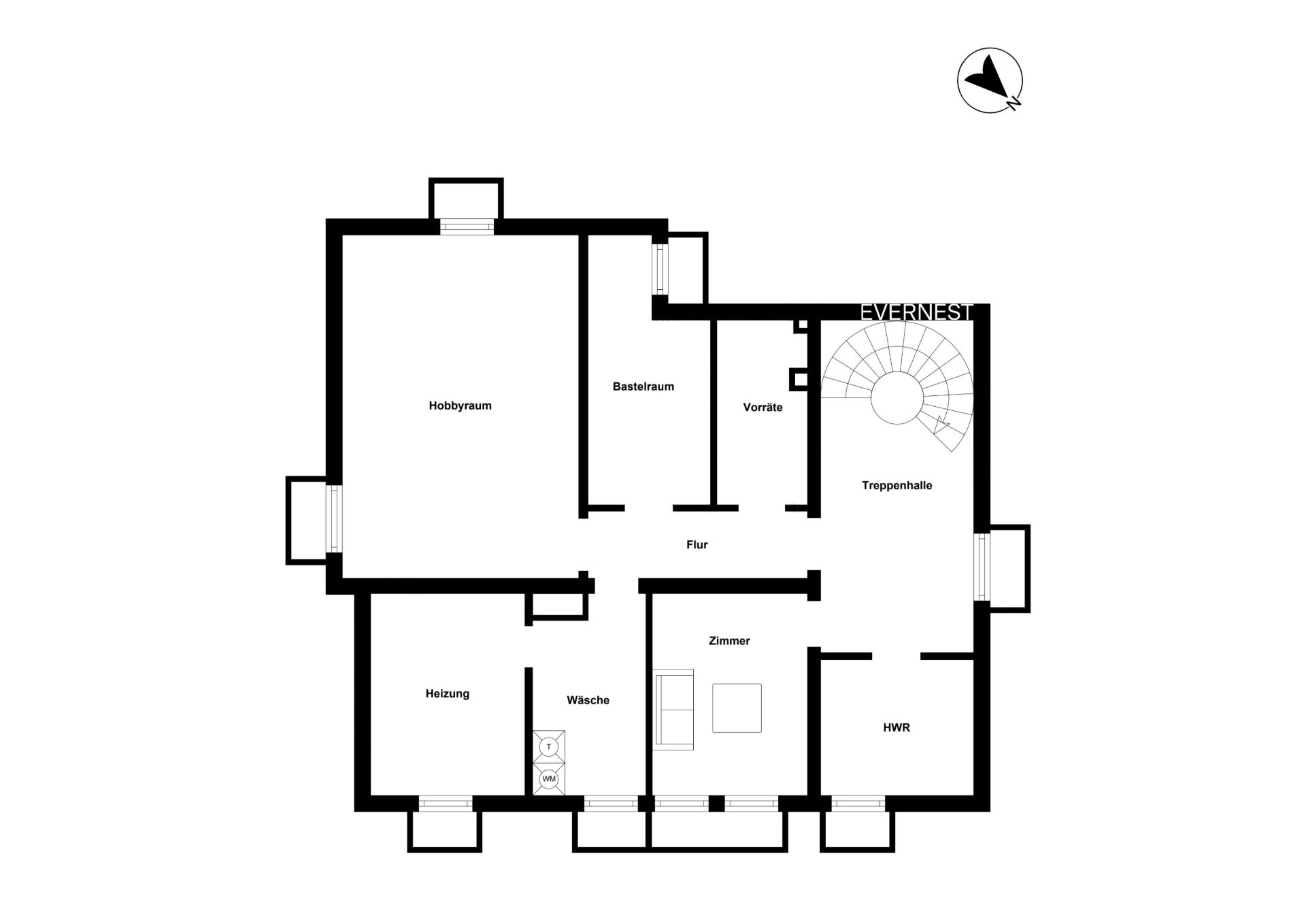 Grundriss mit Hobbyraum, Heizungsraum, Waschküche, Zimmer, Vorratsraum und Treppenhalle.