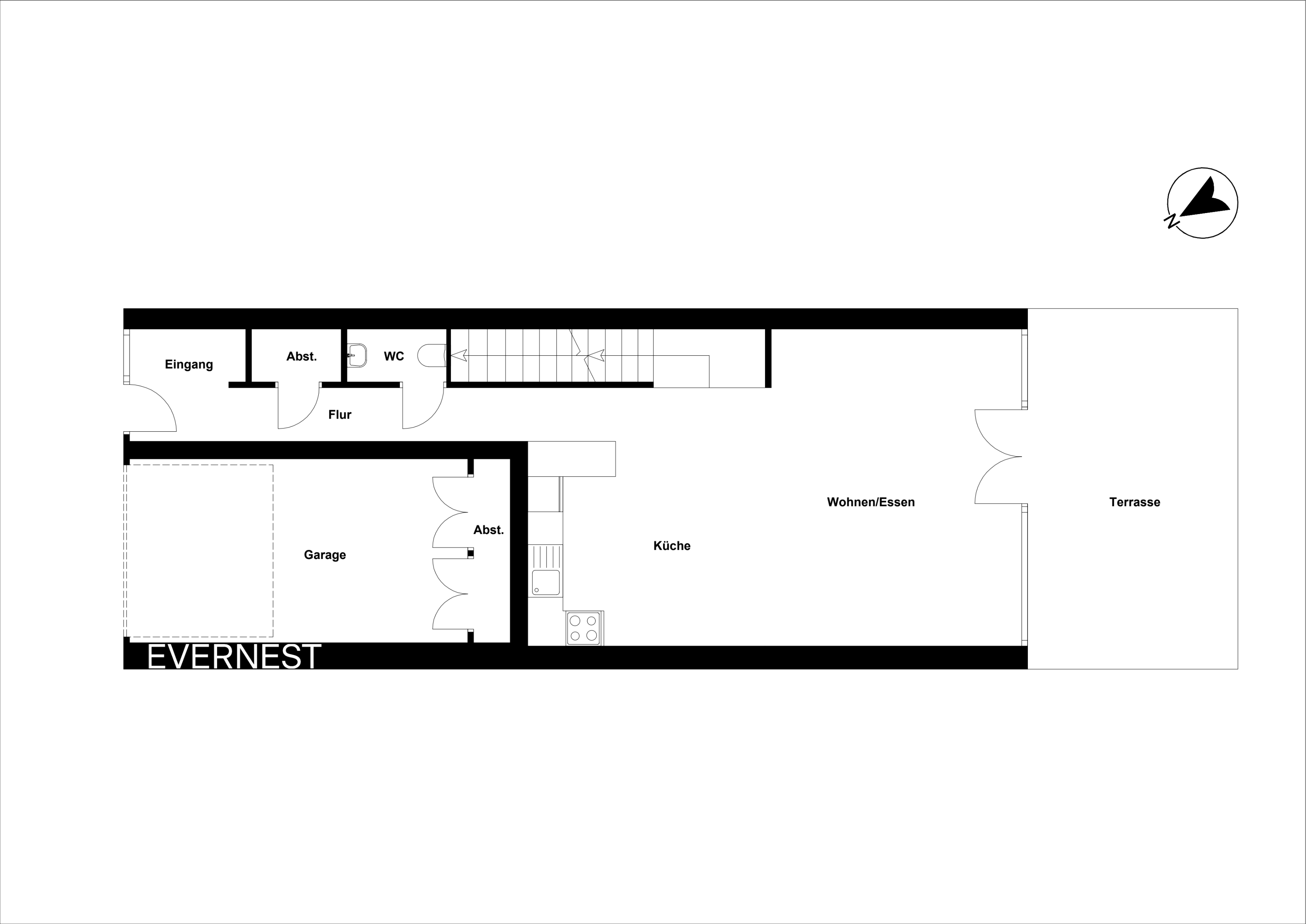 Grundriss eines Hauses mit Garage, Küche, Wohnbereich, WC, Abstellräumen und Terrasse.