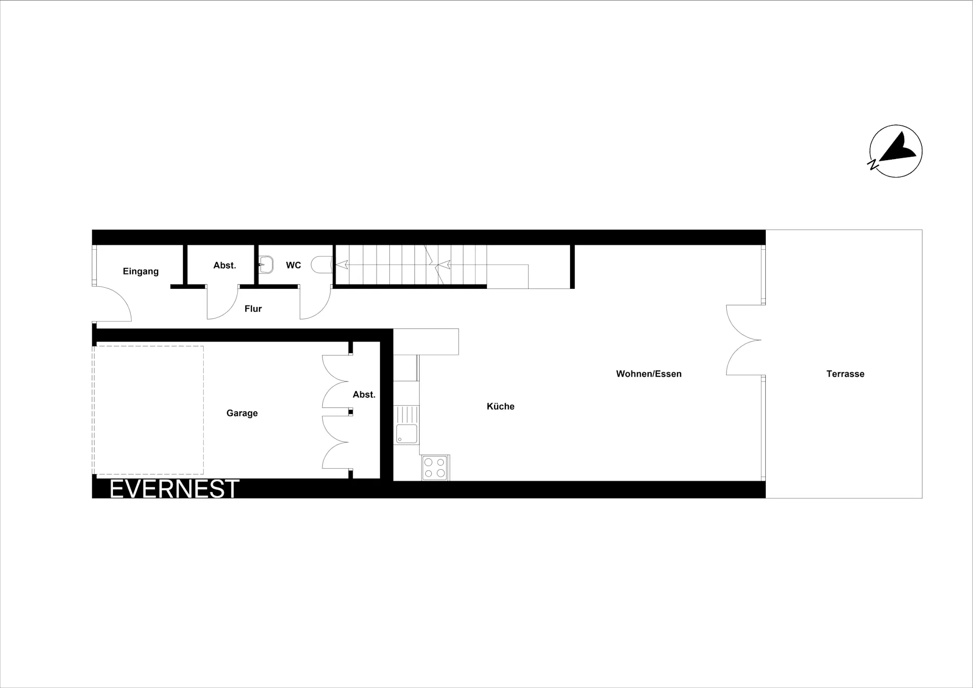 Grundriss eines Hauses mit Garage, Küche, Wohnbereich, WC, Abstellräumen und Terrasse.