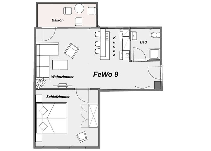 Grundriss einer Wohnung mit Schlafzimmer, Wohnzimmer, Küche, Bad und Balkon.