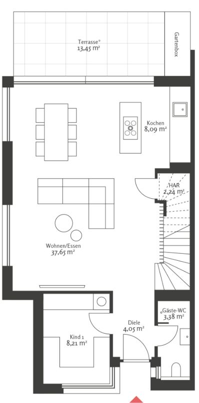 Grundriss einer Wohnung mit Terrasse, Wohn-Essbereich, Küche, Kinderzimmer und Gäste-WC.