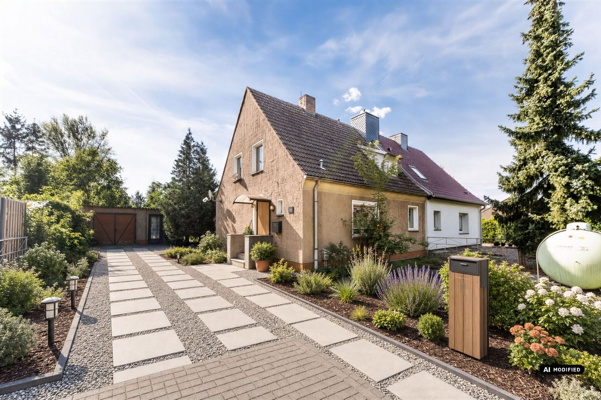 Einfamilienhaus mit Vorgarten, gepflasterter Einfahrt und vielen Pflanzen.