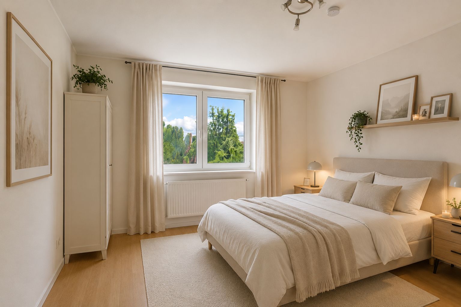 Helles Schlafzimmer mit Doppelbett, Fenster, weißen Vorhängen, Schrank und Nachttischen mit Lampen.