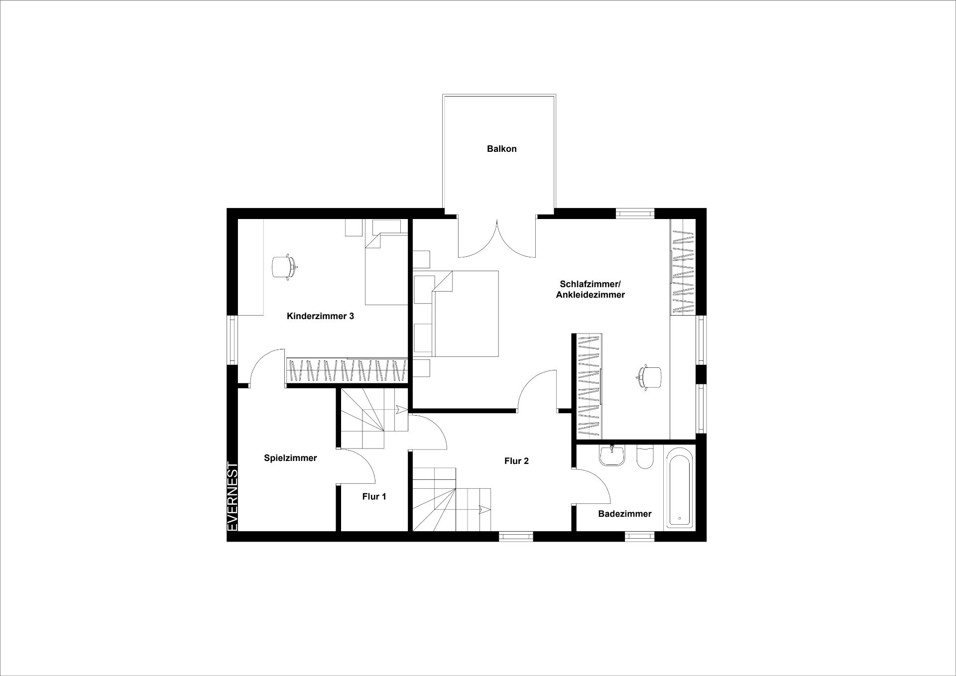 Grundriss mit Schlafzimmer, Kinderzimmer, Spielzimmer, Bad, Fluren und Balkon.