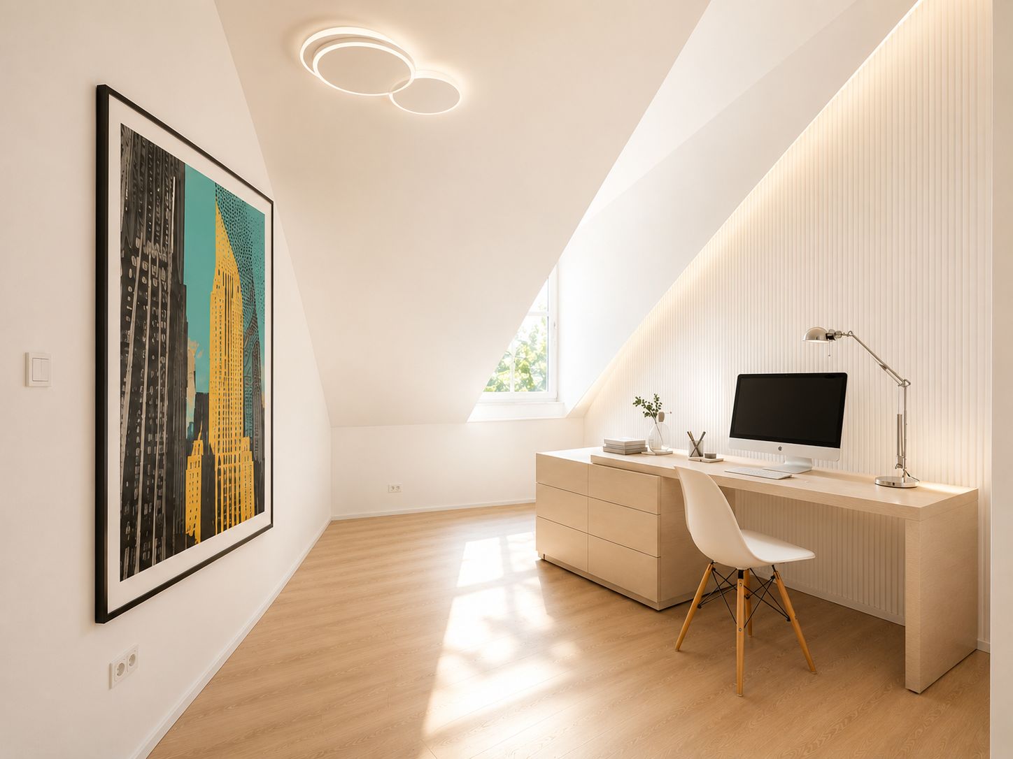 Helles Arbeitszimmer mit Schreibtisch, Stuhl, Computer und großem Bild an der Wand unter Dachschräge.