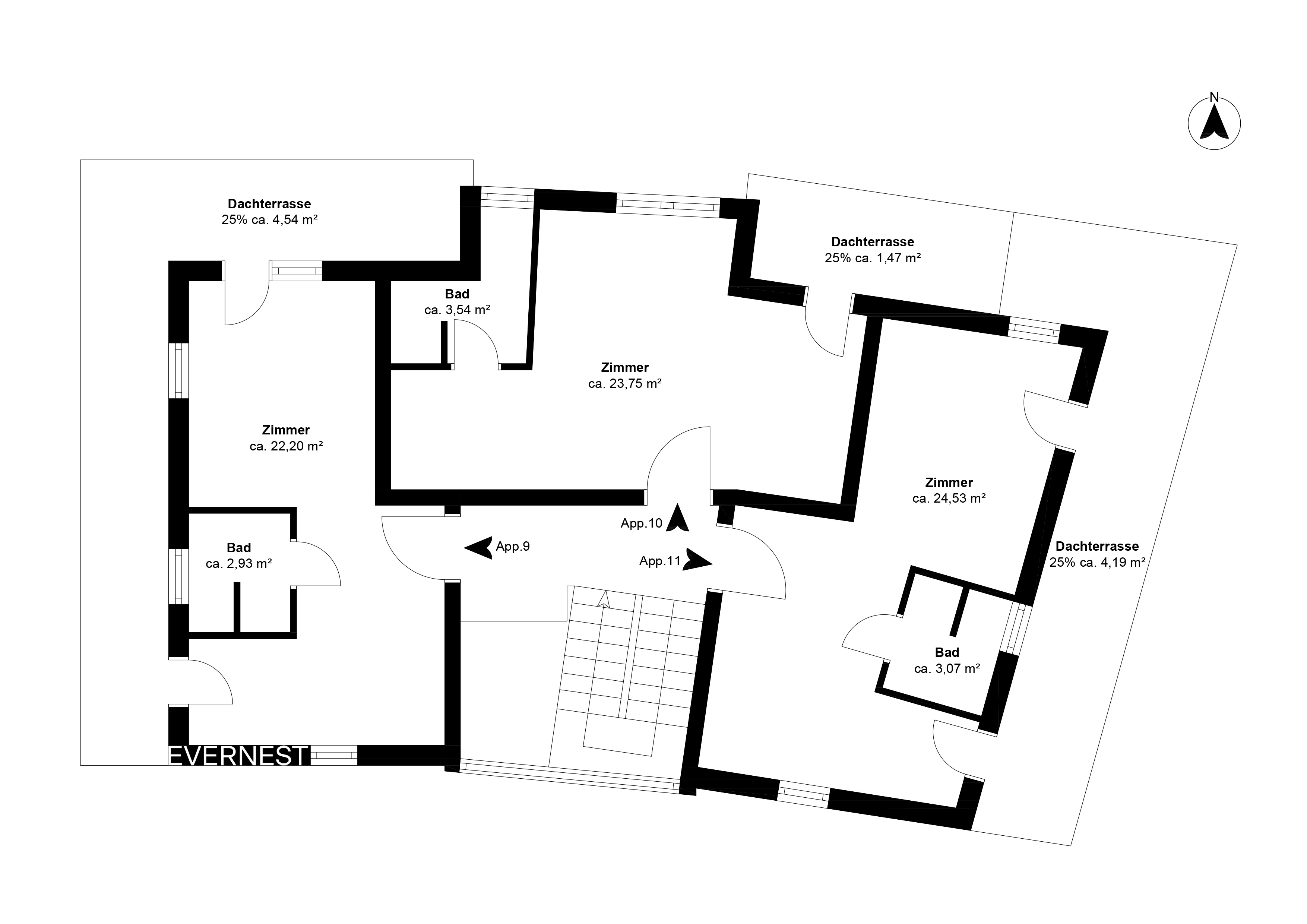Grundriss einer Wohnung mit drei Zimmern, drei Bädern und mehreren Dachterrassen.