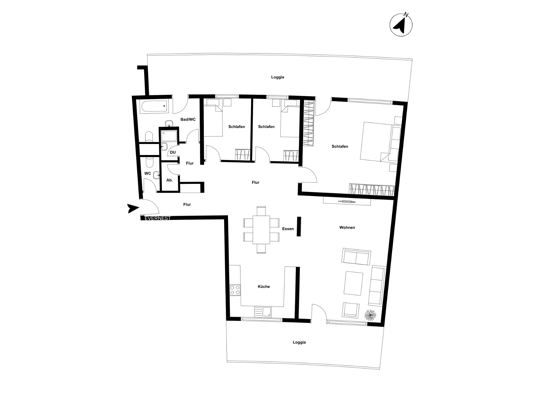 Grundriss einer Wohnung mit drei Schlafzimmern, Bad, Küche, Wohn- und Essbereich sowie zwei Loggien.