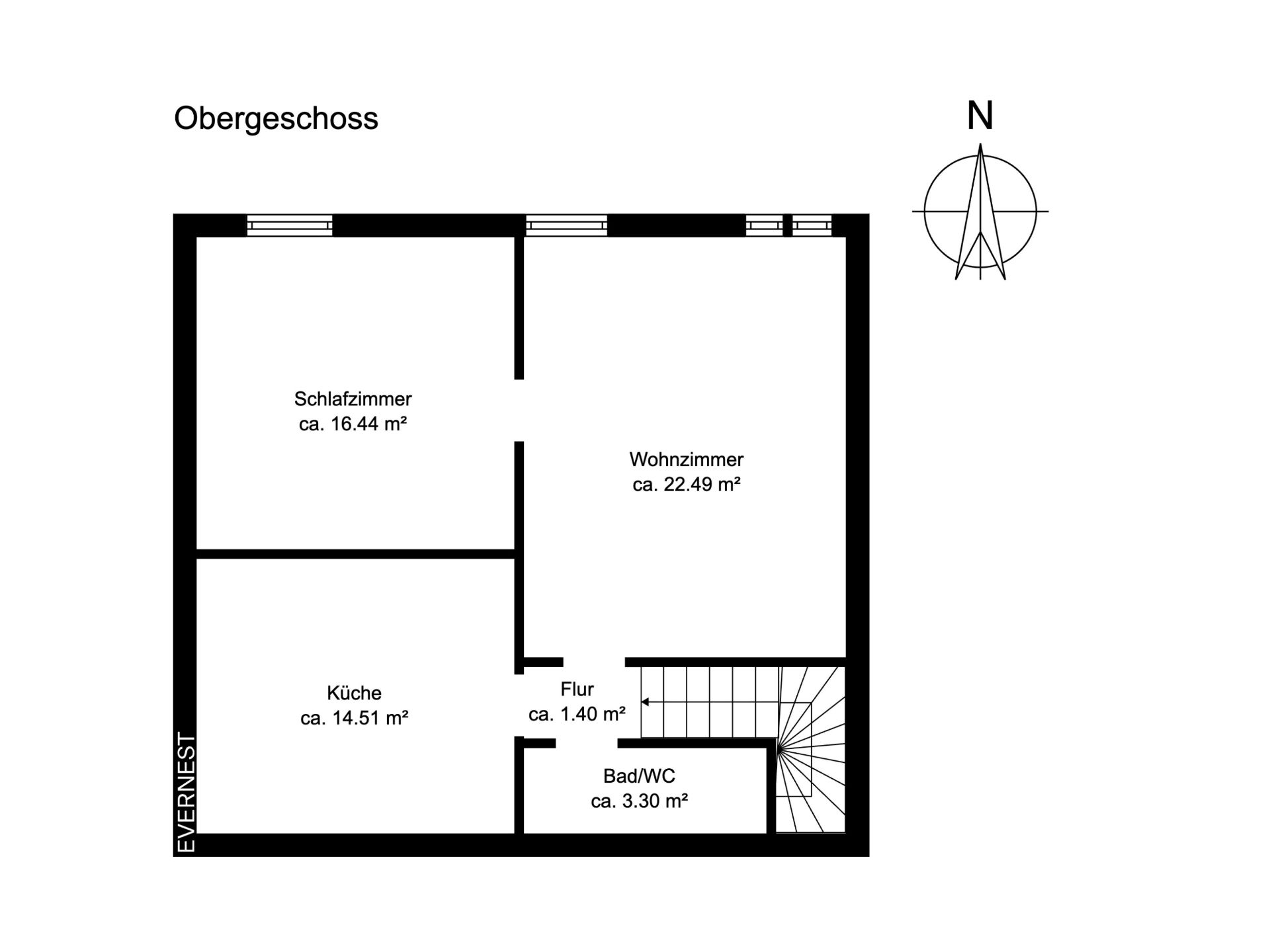 Grundriss des Obergeschosses mit Schlafzimmer, Wohnzimmer, Küche, Flur und Bad/WC.
