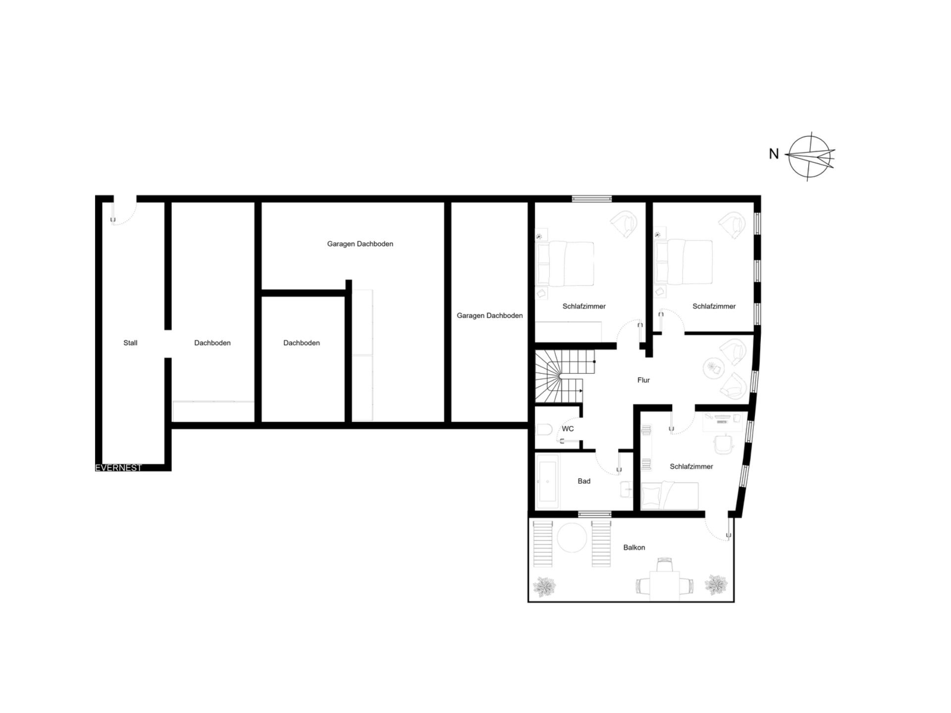 Grundriss mit drei Schlafzimmern, Bad, WC, Flur, Balkon, Dachboden und Stall.