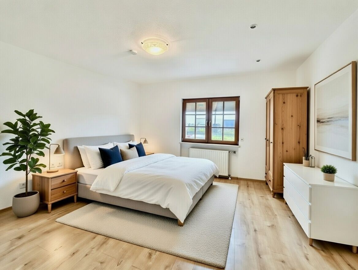 Helles Schlafzimmer mit Doppelbett, Holzschrank, Kommode, Nachttisch und Pflanze.