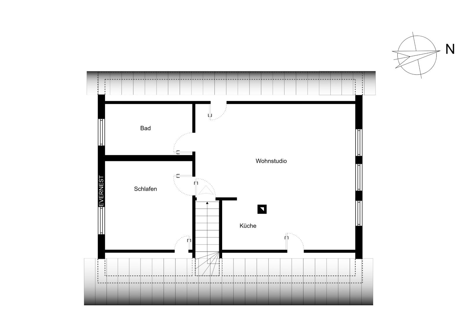 Grundriss mit Bad, Schlafen, Wohnstudio, Küche und Treppe.