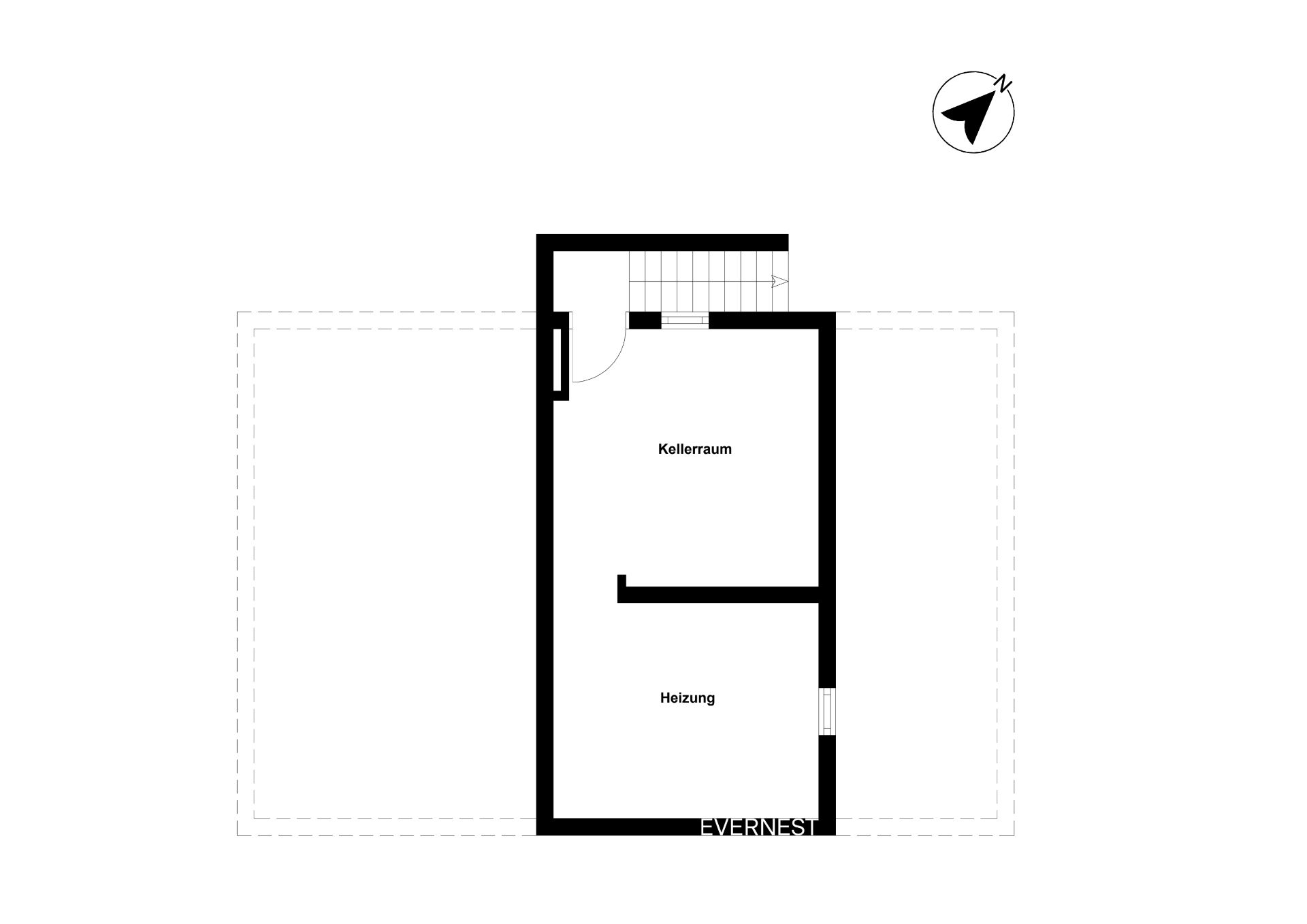 Grundriss eines Kellers mit zwei Räumen: Kellerraum und Heizung.