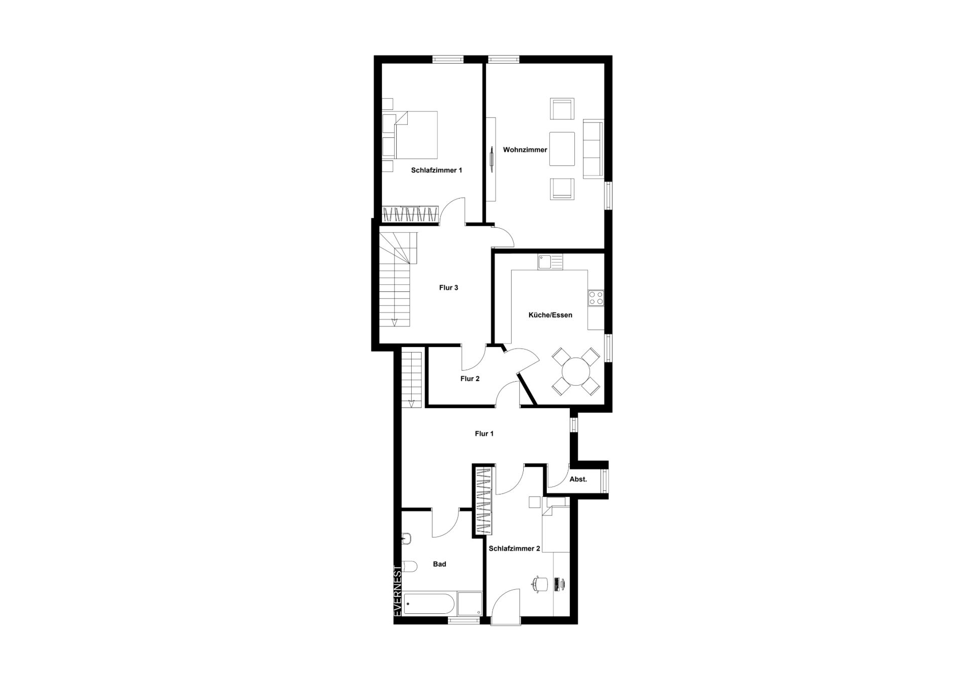 Grundriss einer Wohnung mit zwei Schlafzimmern, Wohnzimmer, Küche, Bad und Abstellraum.