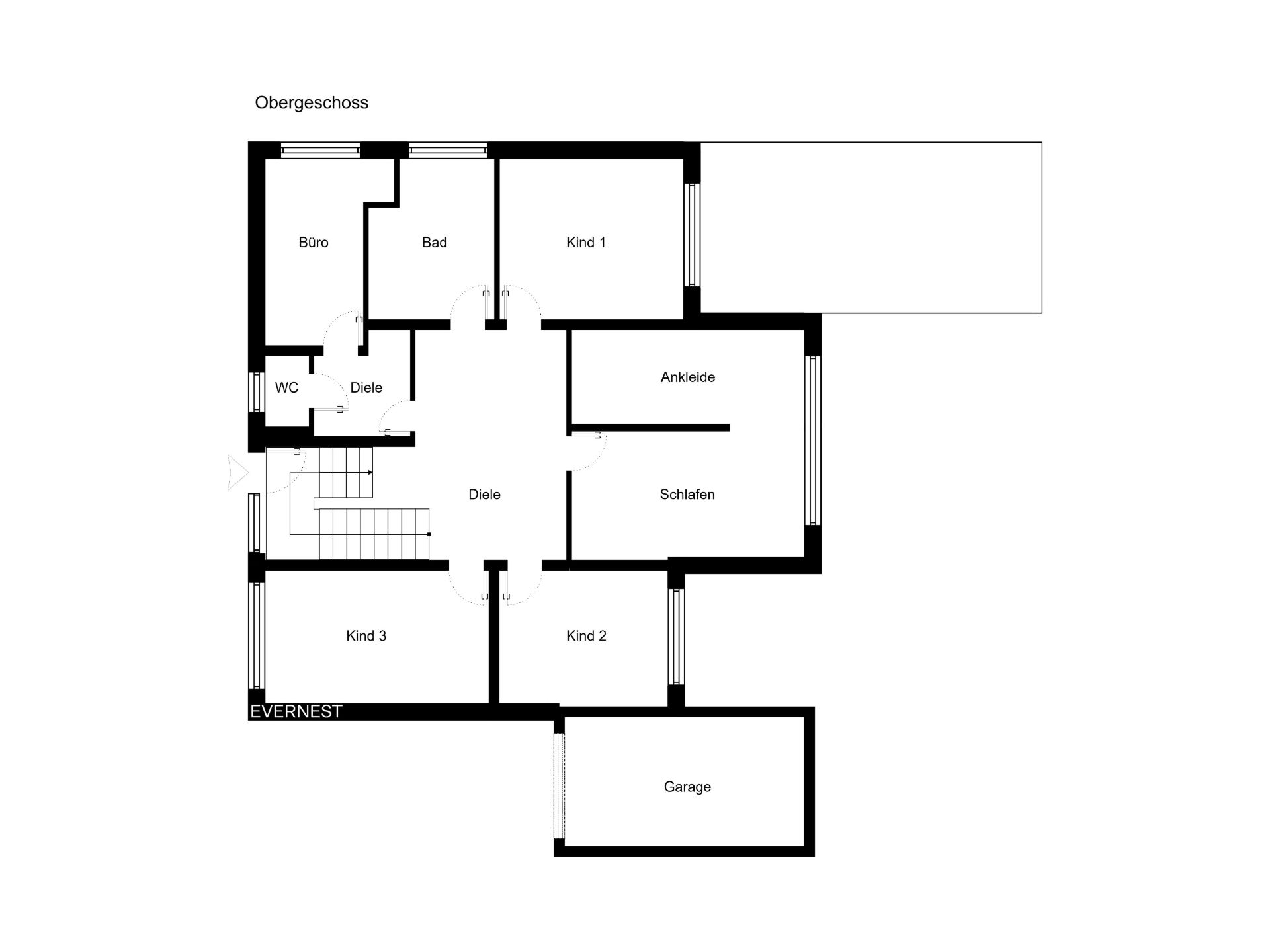 Grundriss eines Obergeschosses mit Büro, Bad, WC, drei Kinderzimmern, Schlafzimmer, Ankleide und Garage.