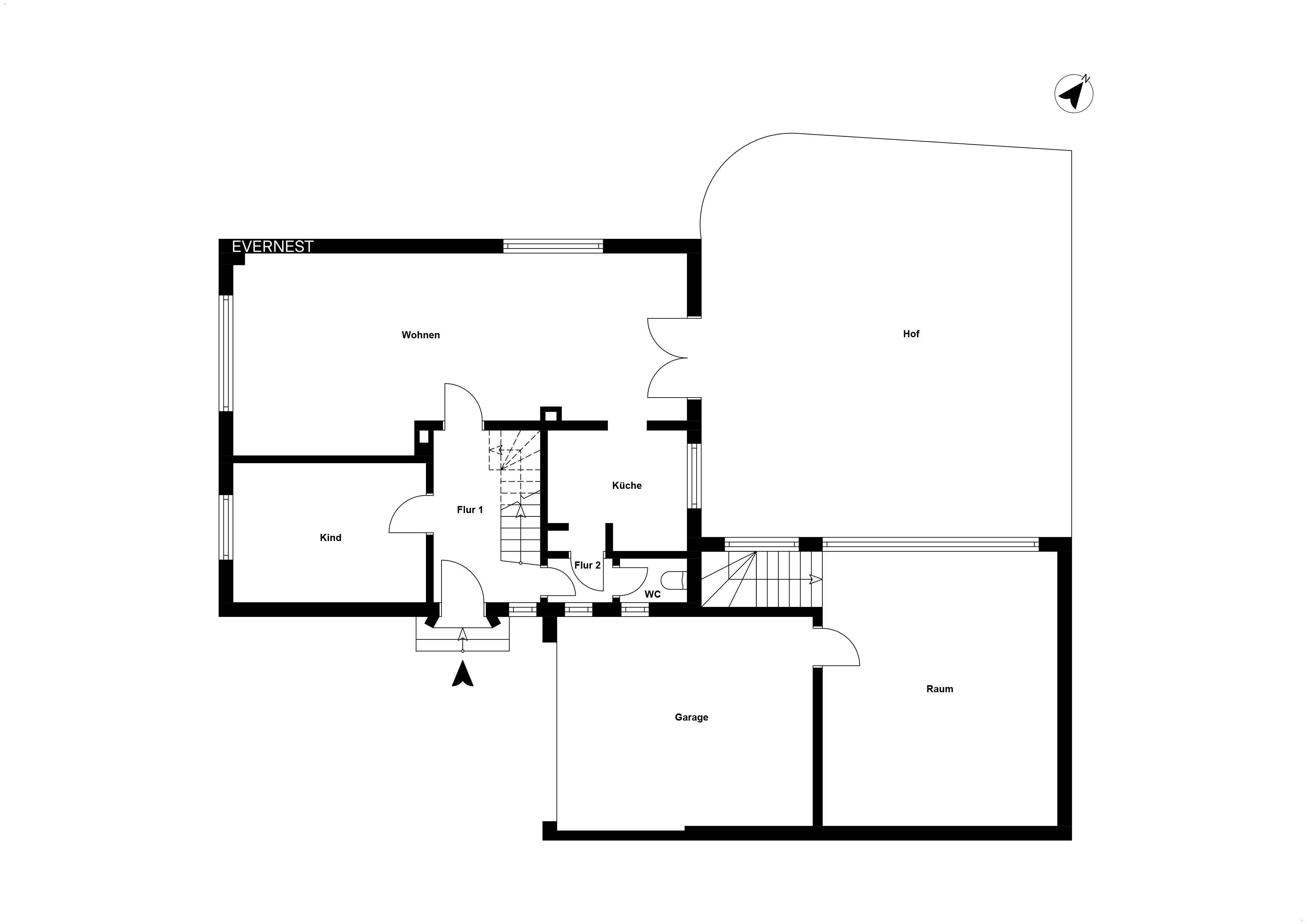 Grundriss eines Wohnhauses mit Wohnzimmer, Kinderzimmer, Küche, Garage, Hof und weiteren Räumen.