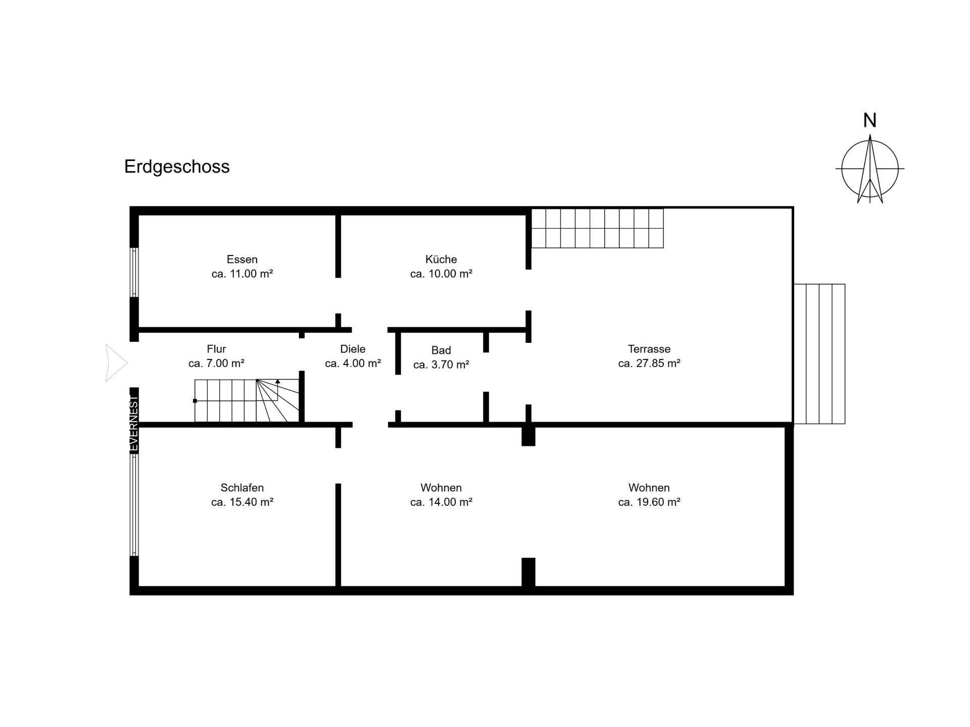 Grundriss des Erdgeschosses mit beschrifteten Räumen wie Wohnen, Schlafen, Küche, Essen, Bad und Terrasse.