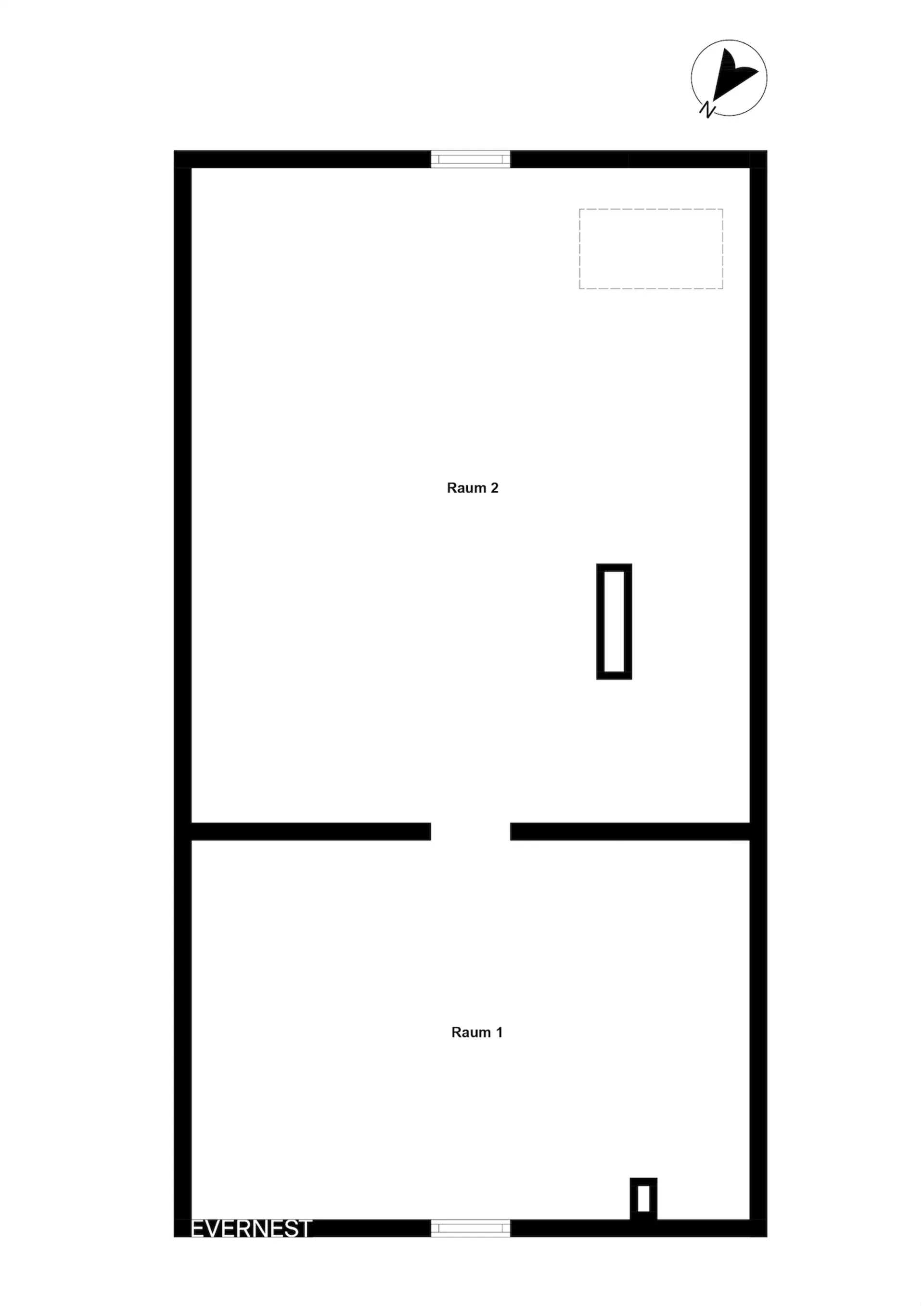 Grundriss mit zwei rechteckigen Räumen, beschriftet als Raum 1 und Raum 2.