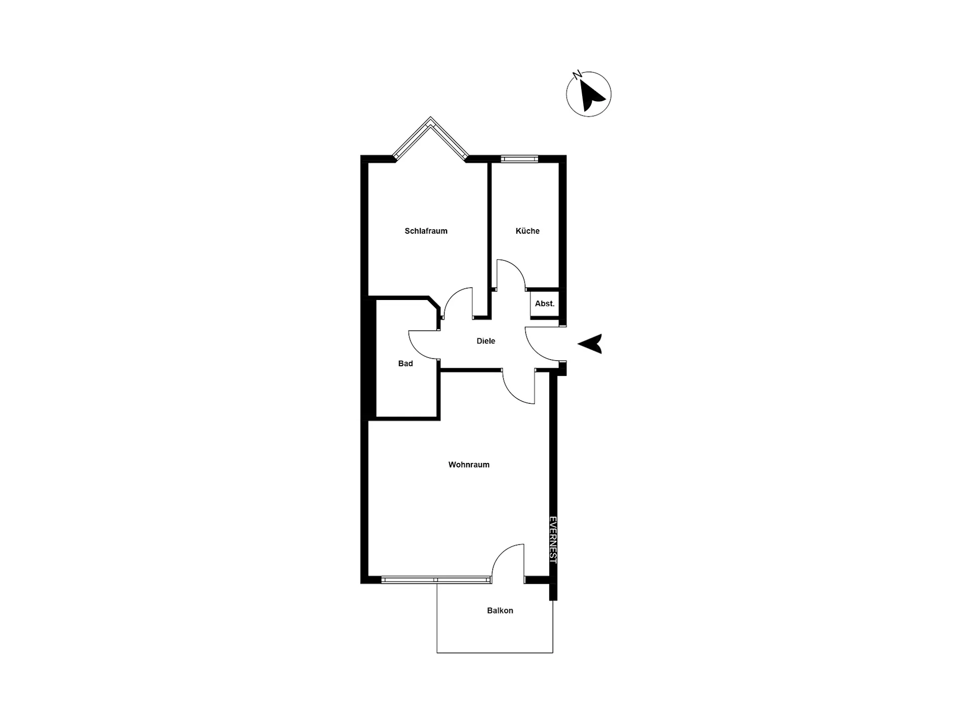 Grundriss einer Wohnung mit Schlafraum, Küche, Bad, Wohnraum, Abstellraum und Balkon.