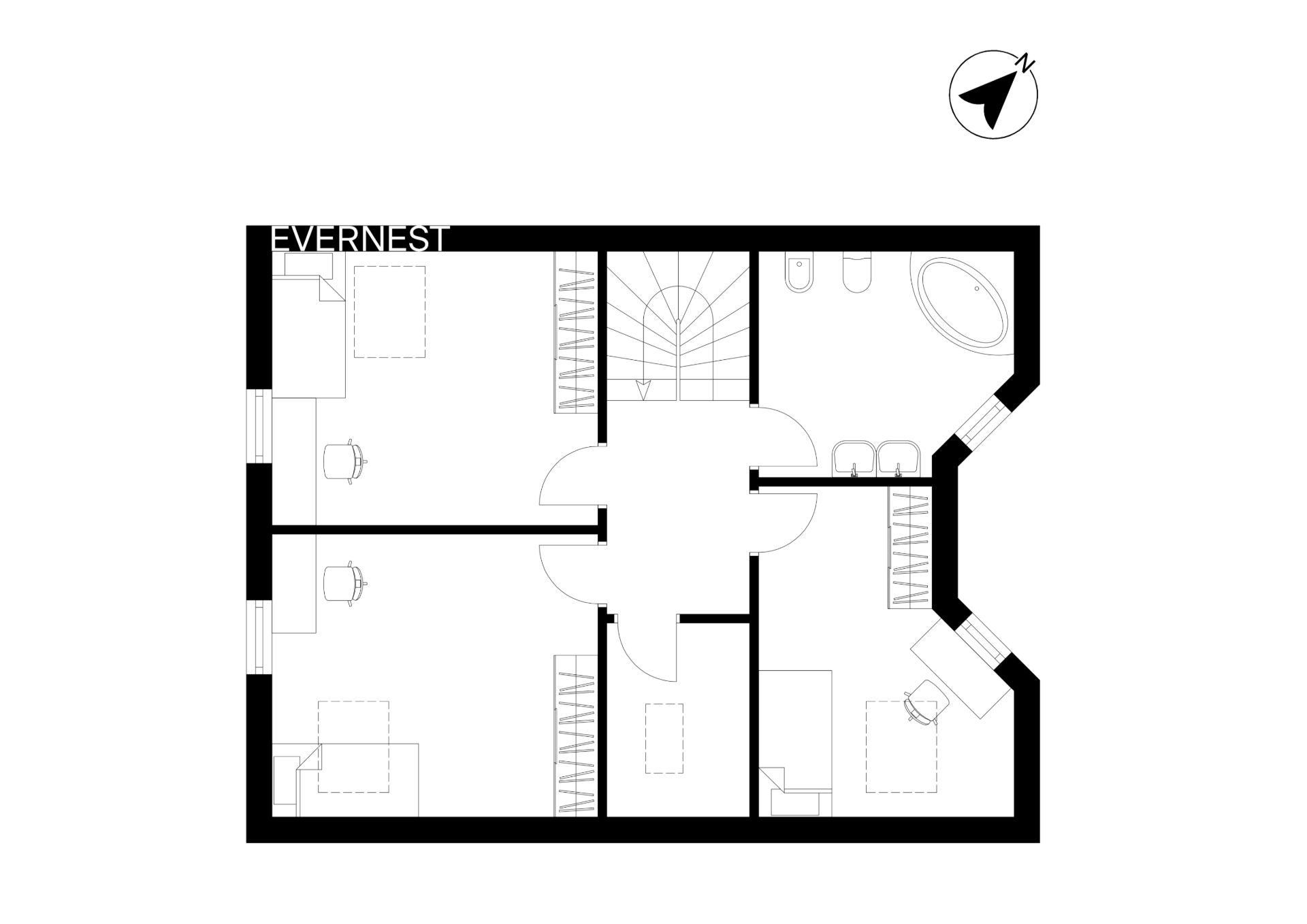Grundriss eines Hauses mit mehreren Zimmern, Badezimmer und zentraler Treppe.