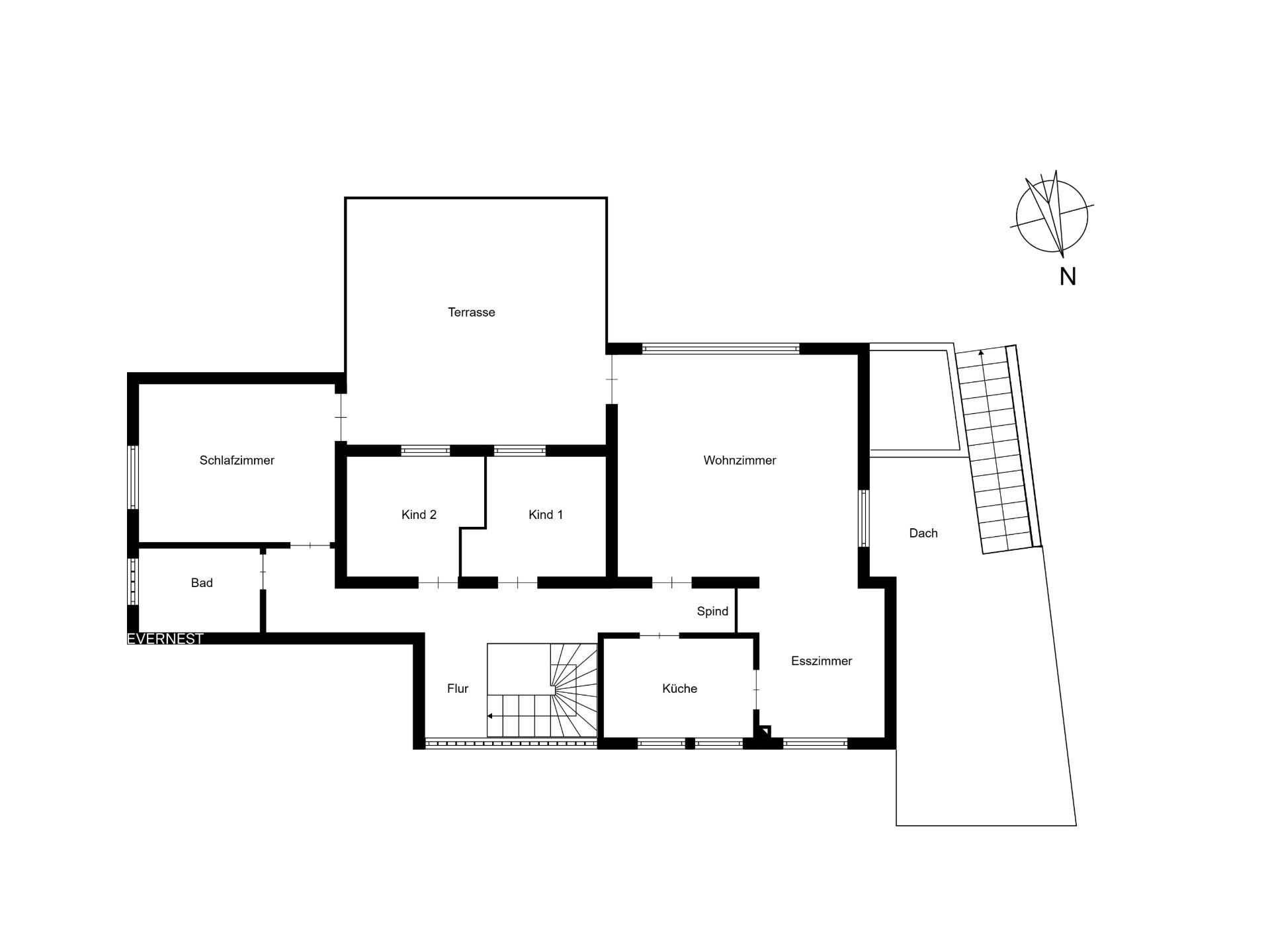 Grundriss eines Hauses mit Schlafzimmer, Wohnzimmer, Küche, Bad, Esszimmer und Terrasse.