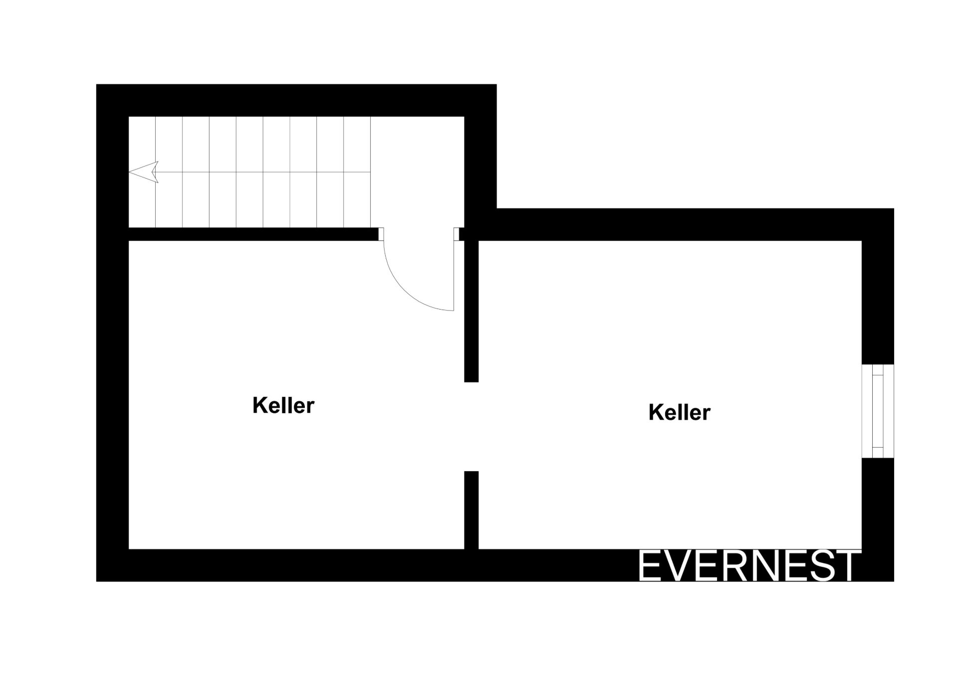 Grundriss mit zwei Kellerräumen und Treppenaufgang.