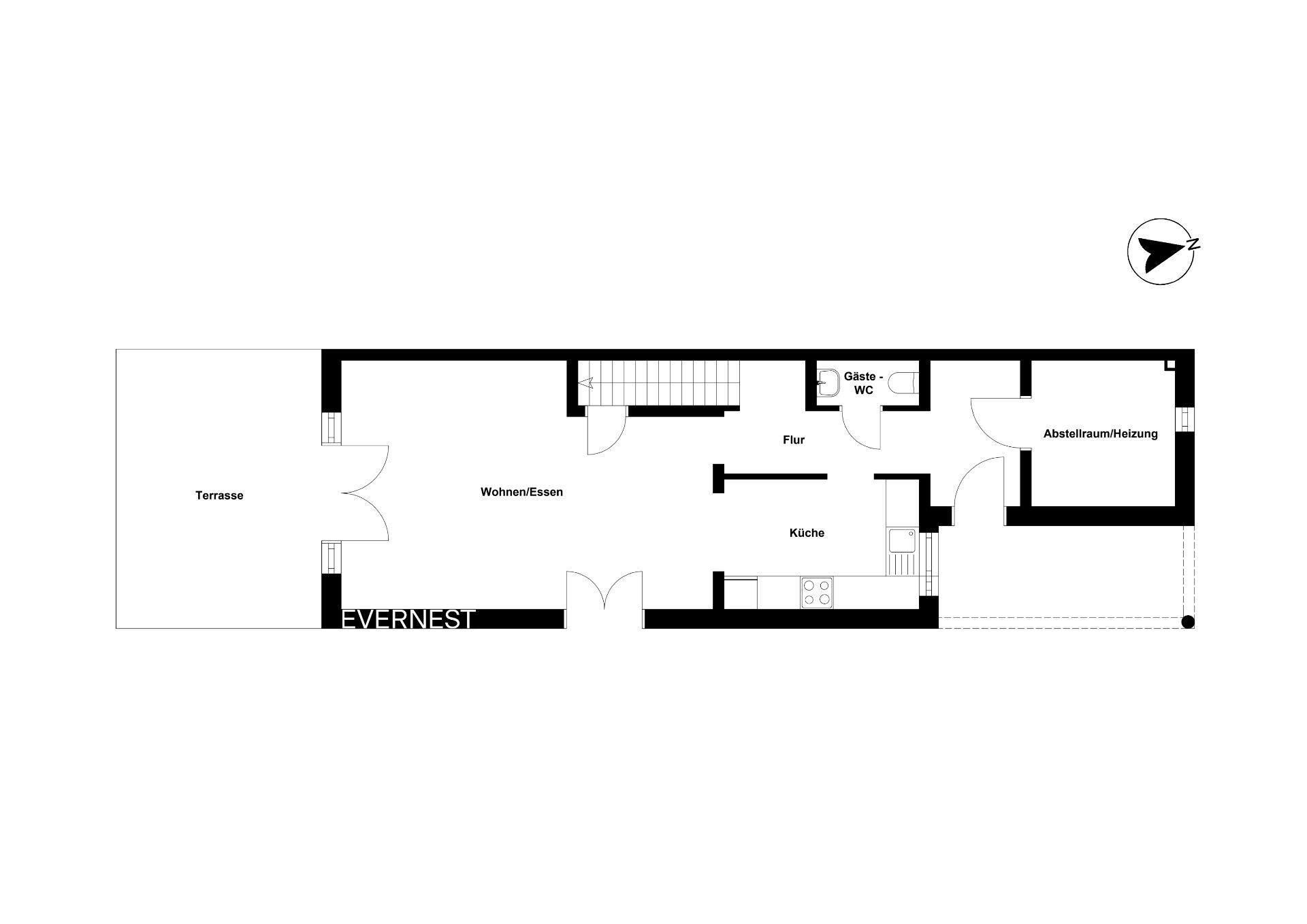 Grundriss mit Terrasse, Wohn-/Essbereich, Küche, Flur, Gäste-WC und Abstellraum/Heizung.