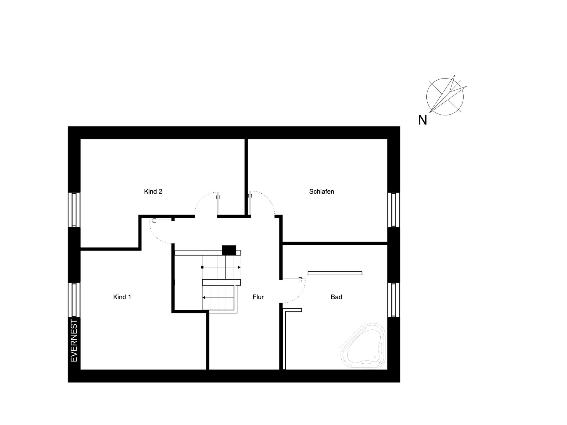 Grundriss mit zwei Kinderzimmern, Schlafzimmer, Bad und Flur.
