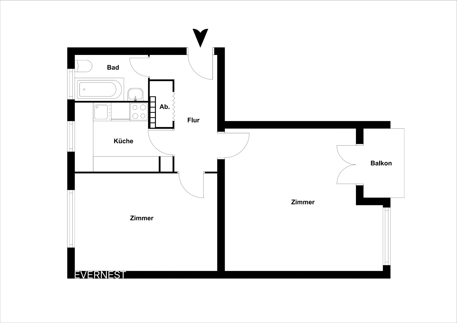 Wohnungsgrundriss mit Flur, Küche, Bad, Abstellraum, zwei Zimmern und Balkon.