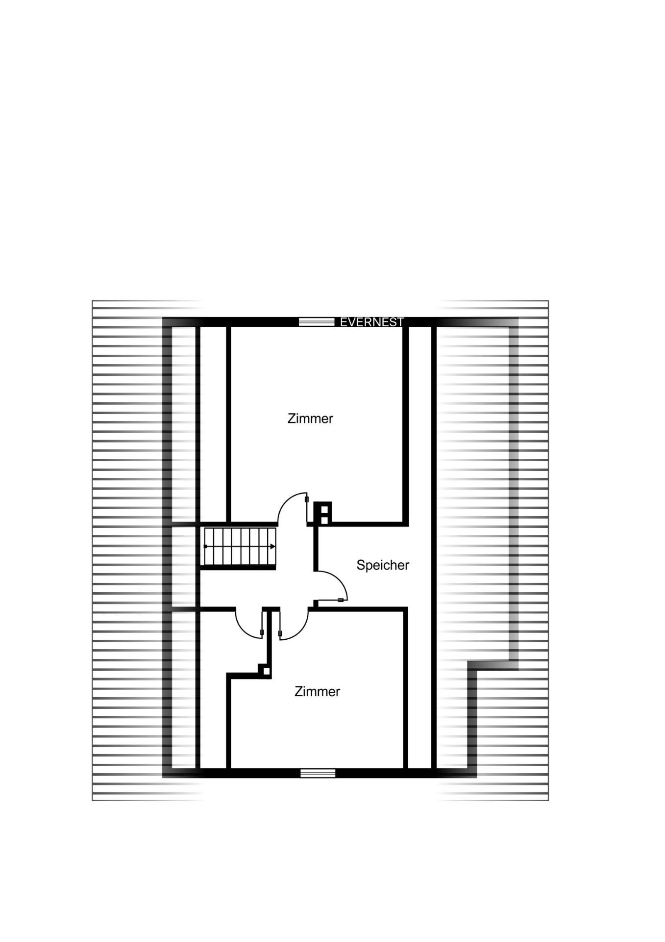 Grundriss mit zwei Zimmern, Speicher und Treppe in einem Wohnhaus.