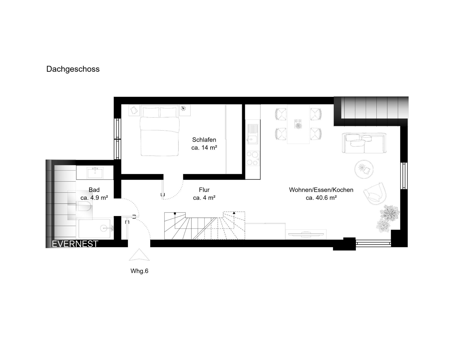 Grundriss einer Wohnung mit Schlafzimmer, Bad, Flur und Wohn-/Ess-/Kochbereich.