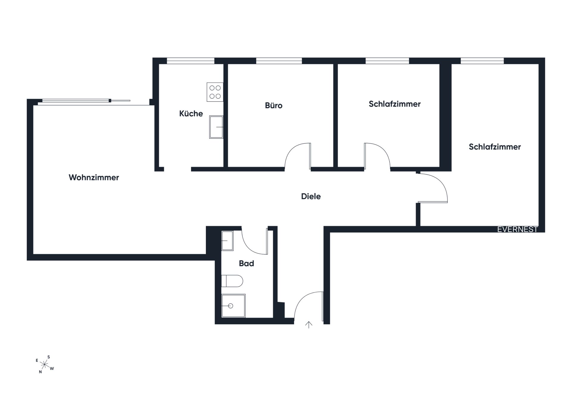 Grundriss einer Wohnung mit Wohnzimmer, Küche, Büro, zwei Schlafzimmern, Bad und Diele.