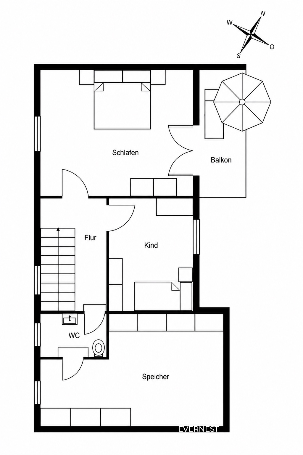 Grundriss mit Schlafzimmer, Kinderzimmer, WC, Flur, Speicher und Balkon.