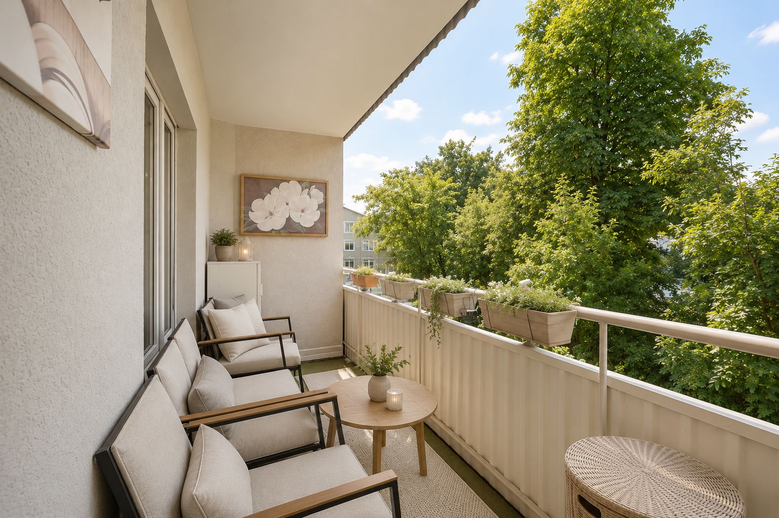Heller Balkon mit Sitzmöbeln, kleinem Tisch und Pflanzen mit Blick auf grüne Bäume.