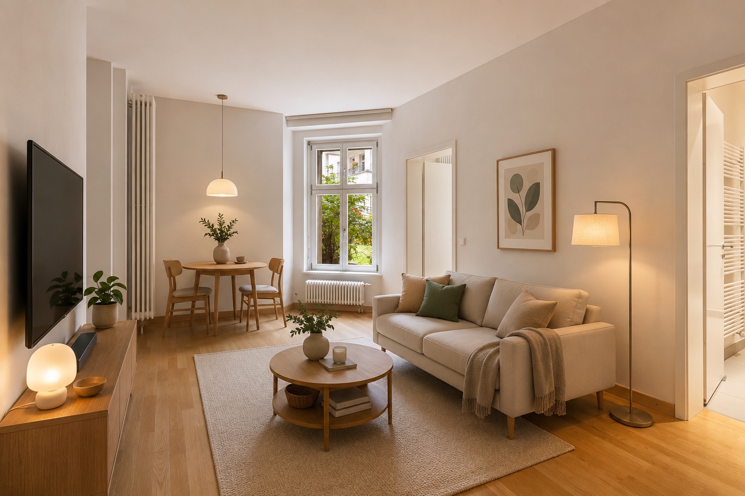 Helles Wohnzimmer mit Sofa, Couchtisch, Stehlampe, Fernseher und Essbereich vor einem Fenster.