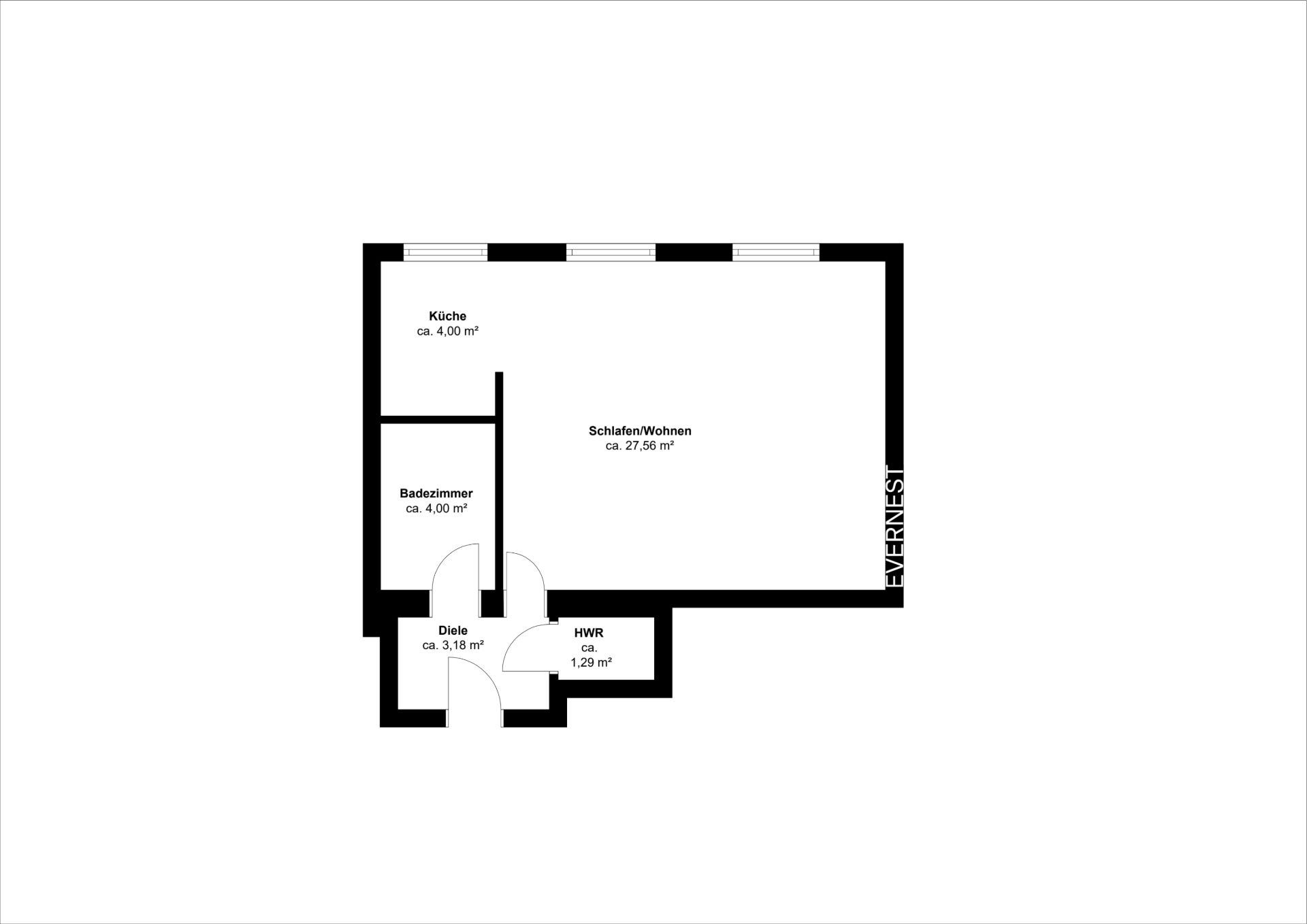 Grundriss einer Wohnung mit Küche, Bad, Diele, HWR und Schlaf-/Wohnbereich.