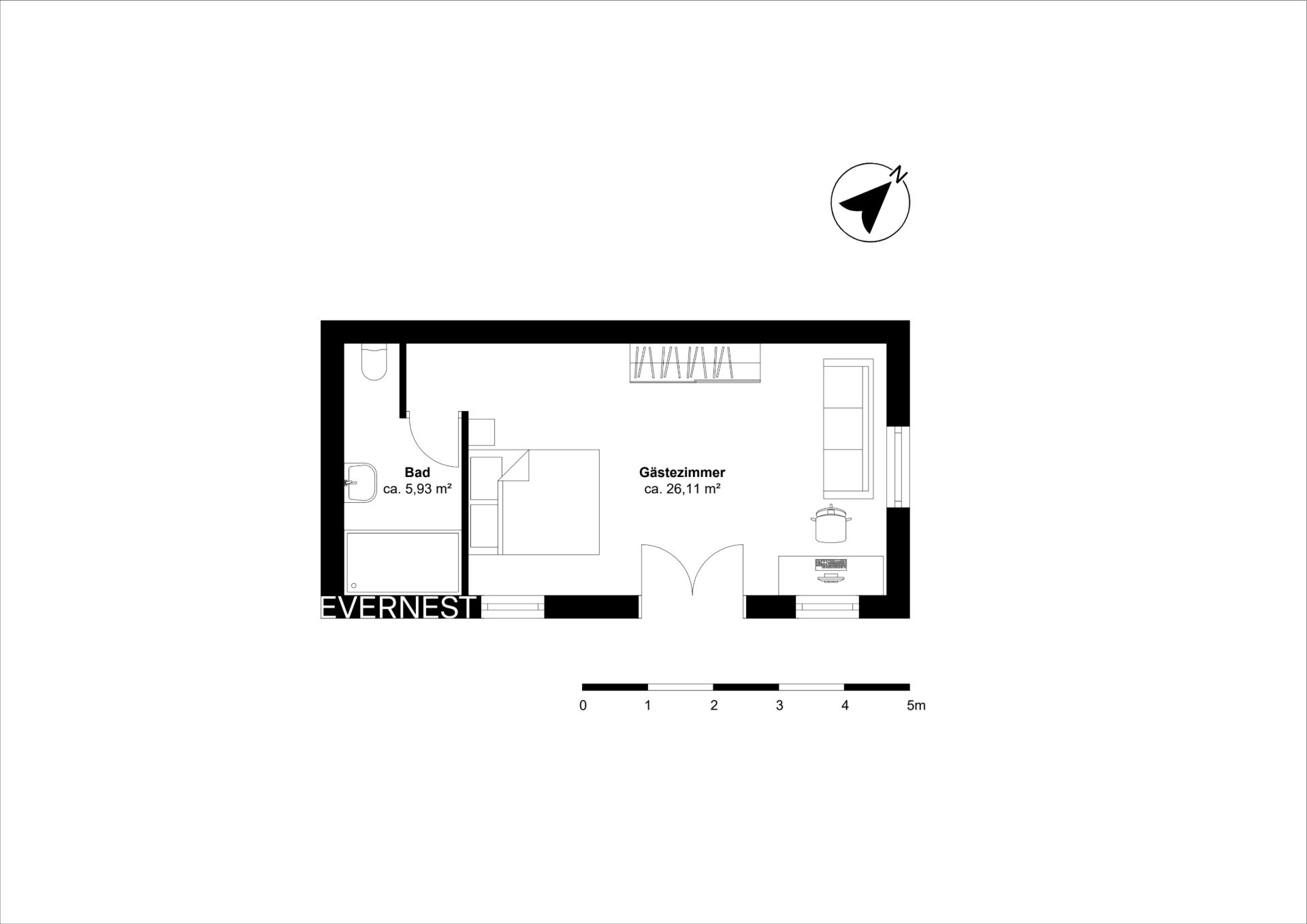 Grundriss mit einem Gästezimmer und einem Bad in einer rechteckigen Anordnung.