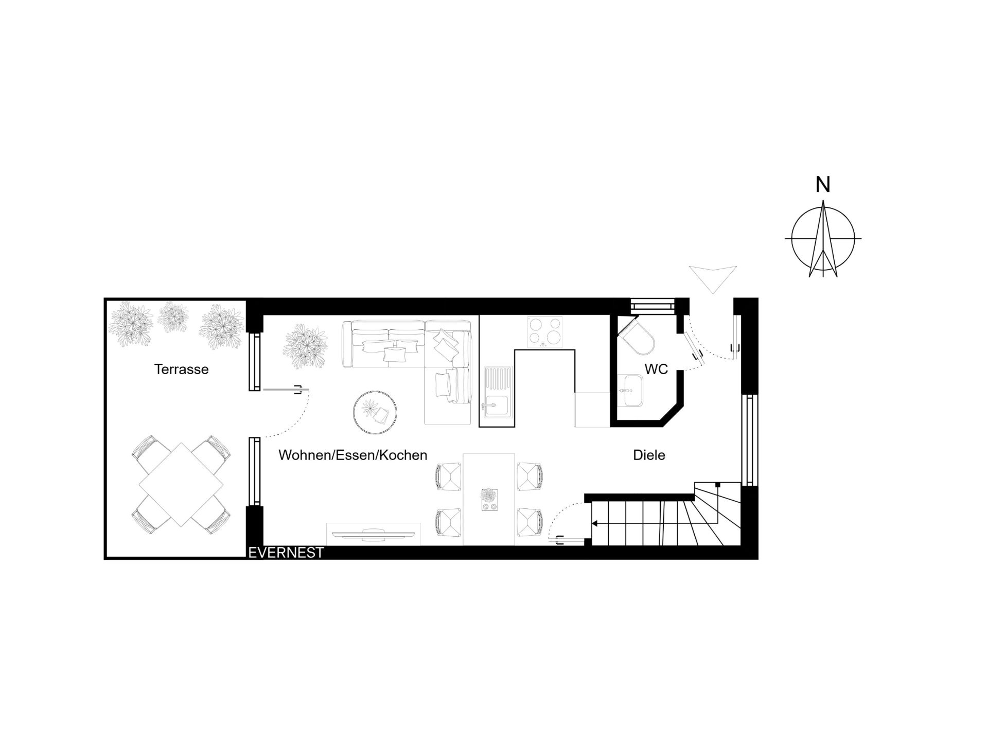 Grundriss mit Terrasse, offenem Wohn-, Ess- und Küchenbereich sowie WC und Diele.