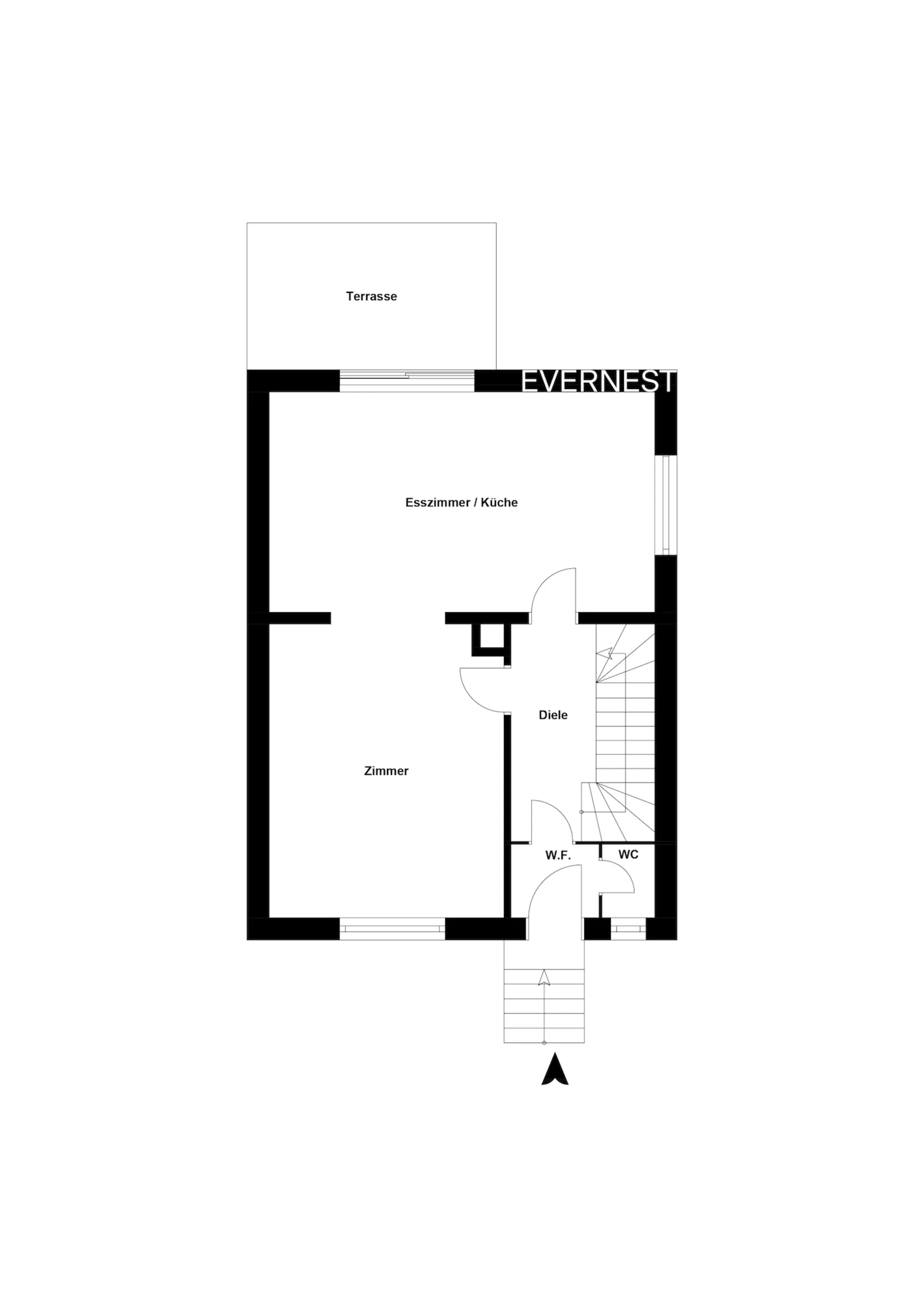 Grundriss eines Wohnbereichs mit Esszimmer, Zimmer, Diele, WC, W.F. und Terrasse.