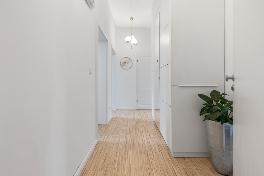 Heller Flur mit Holzboden, weißen Wänden, einem Spiegel und einer grünen Pflanze im Topf.