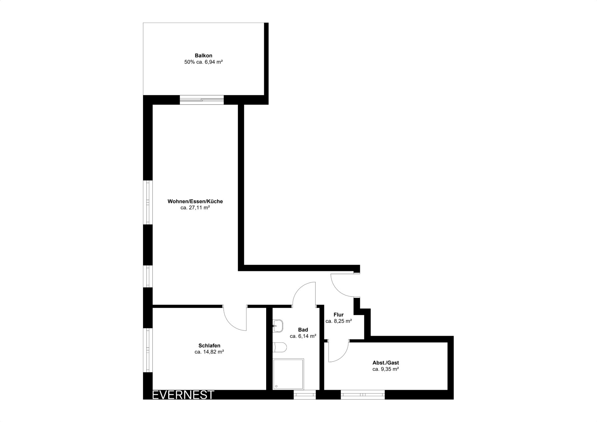 Wohnungsgrundriss mit Balkon, Wohnbereich, Schlafzimmer, Bad, Flur und Abstellraum/Gästezimmer.