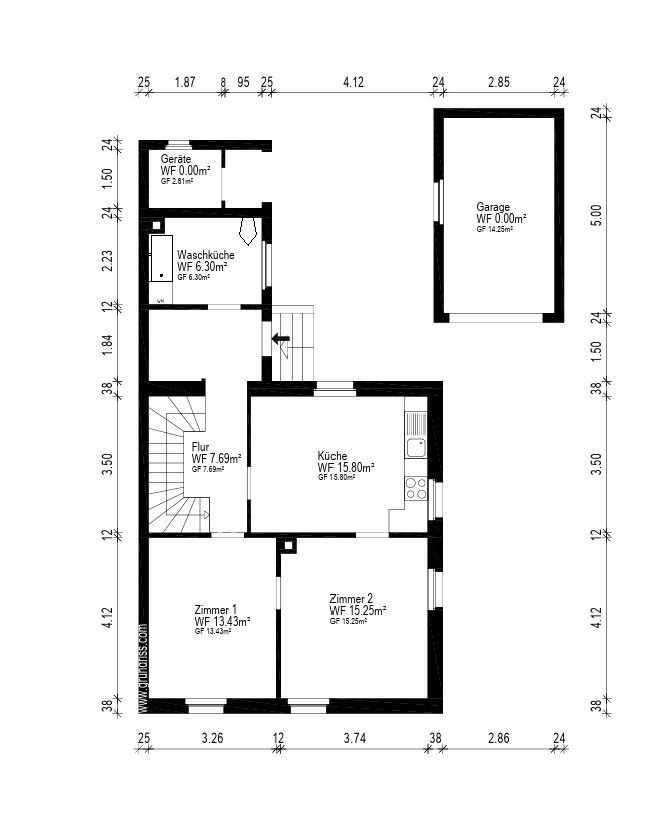Grundriss eines Hauses mit Küche, zwei Zimmern, Flur, Waschküche, Geräteraum und separater Garage.