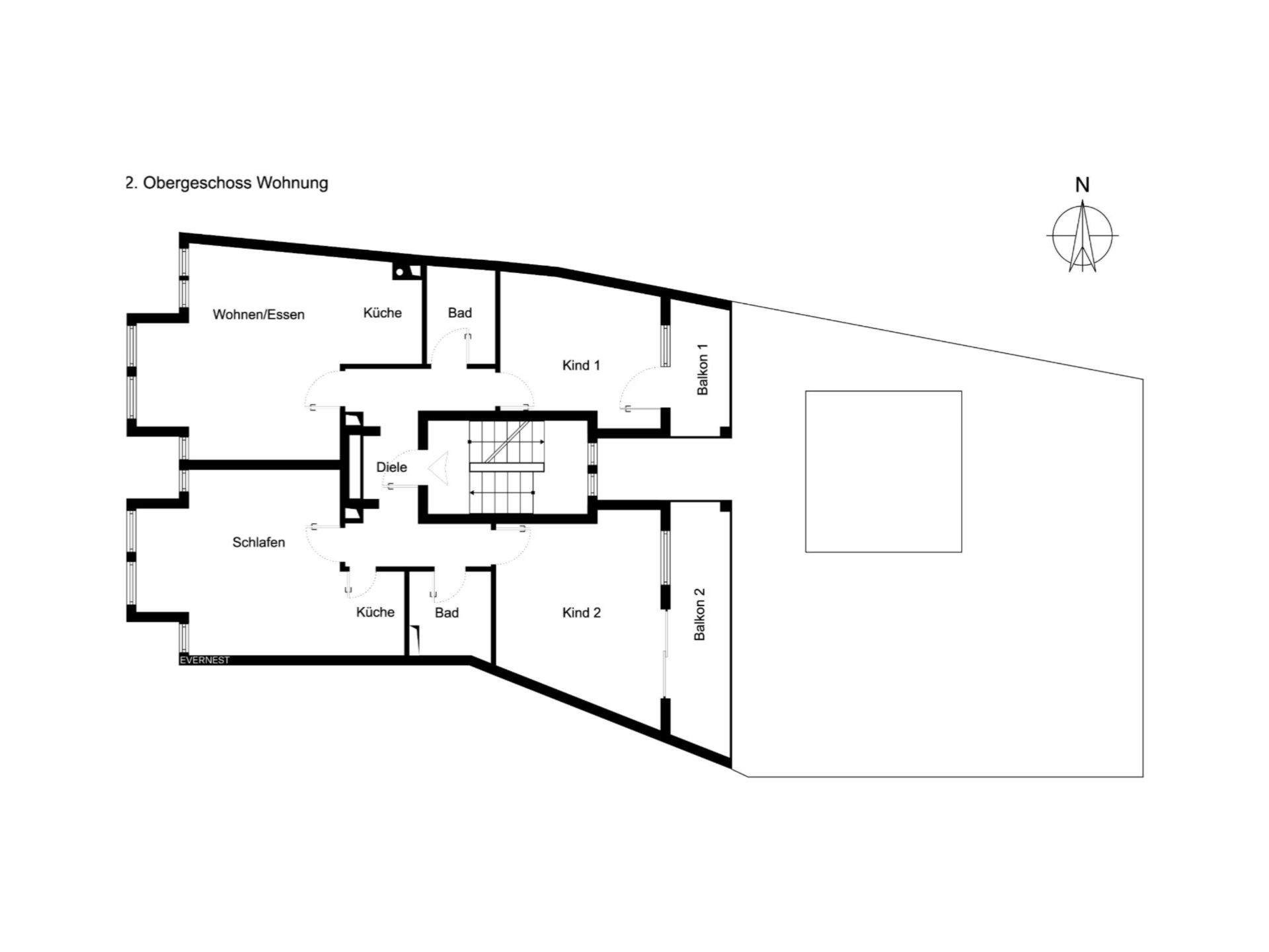 Grundriss einer Wohnung mit zwei Schlafzimmern, Wohnbereich, zwei Balkonen, zwei Bädern und Küche.