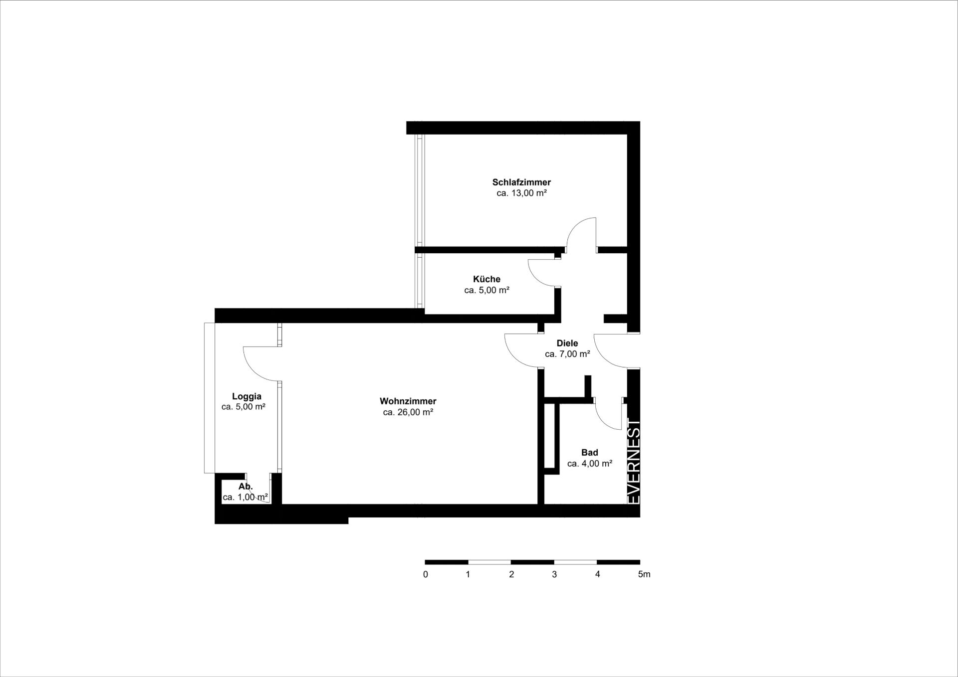 Grundriss einer Wohnung mit Wohnzimmer, Schlafzimmer, Küche, Bad, Diele und Loggia.