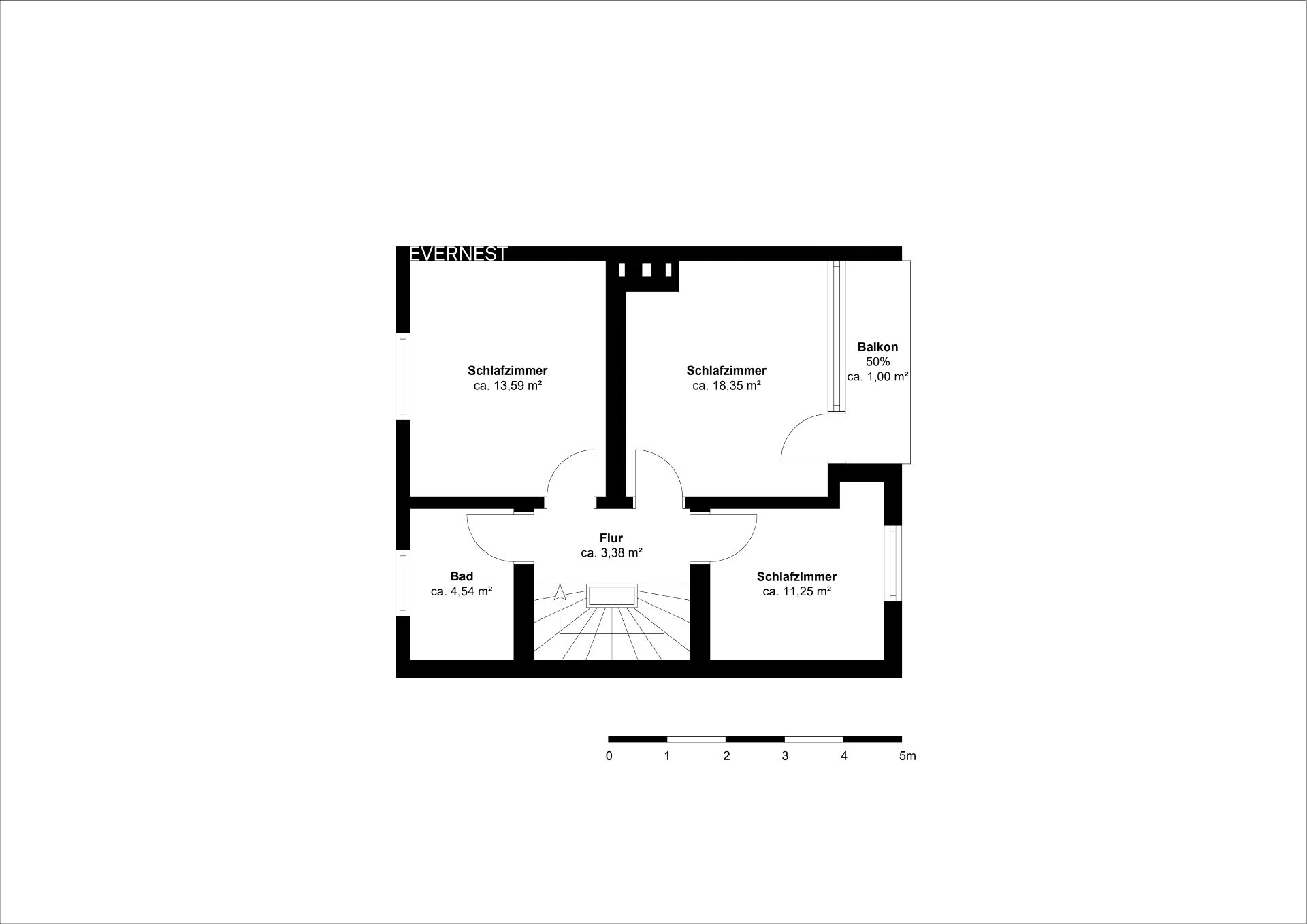 Grundriss mit drei Schlafzimmern, Flur, Bad und Balkon, alle Räume beschriftet mit Quadratmetern.