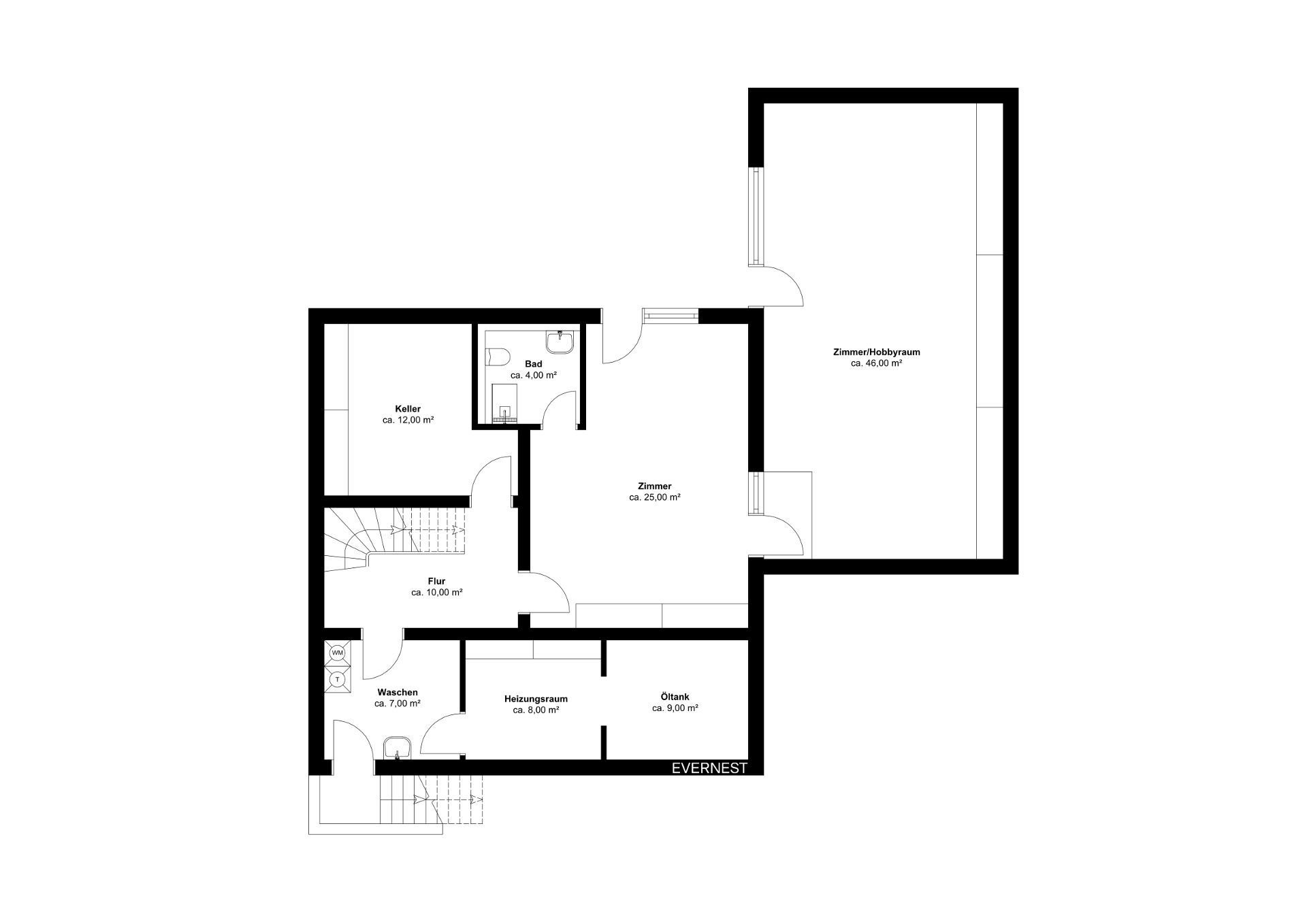 Grundriss eines Wohngebäudes mit Zimmern, Bad, Keller, Waschraum, Heizungsraum und Hobbyraum.